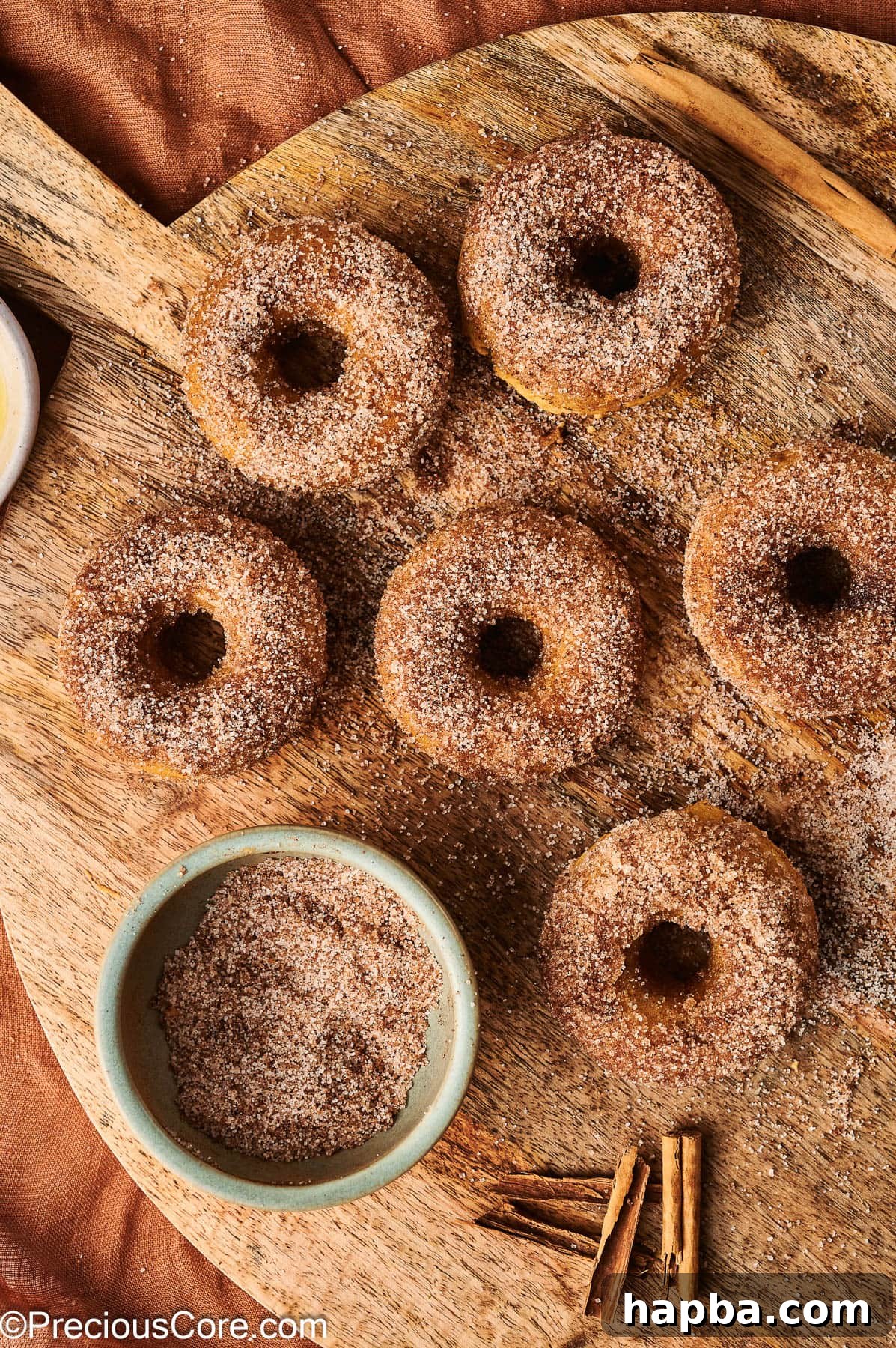 All six freshly baked pumpkin doughnuts, perfectly coated in cinnamon sugar and arranged for display.