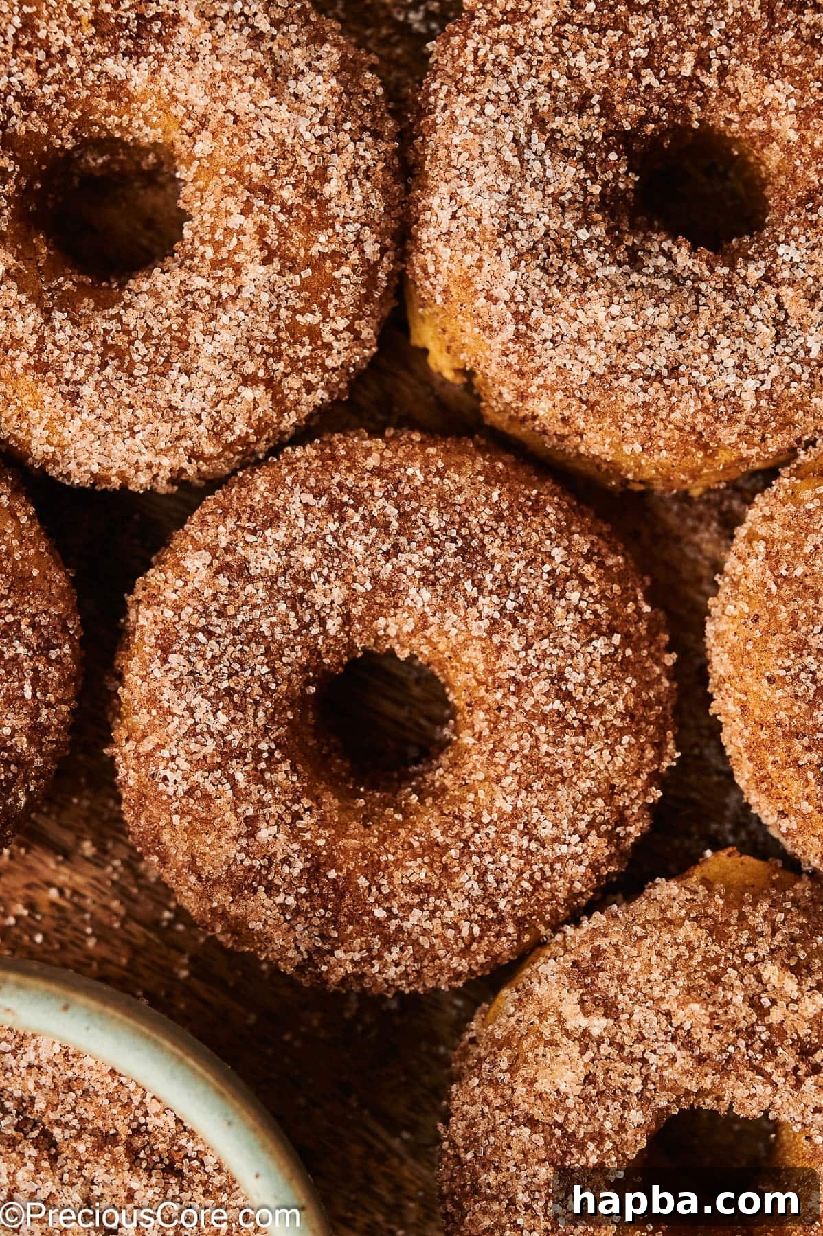 Close-up of pumpkin doughnuts coated in sparkling cinnamon sugar, ready to be enjoyed.