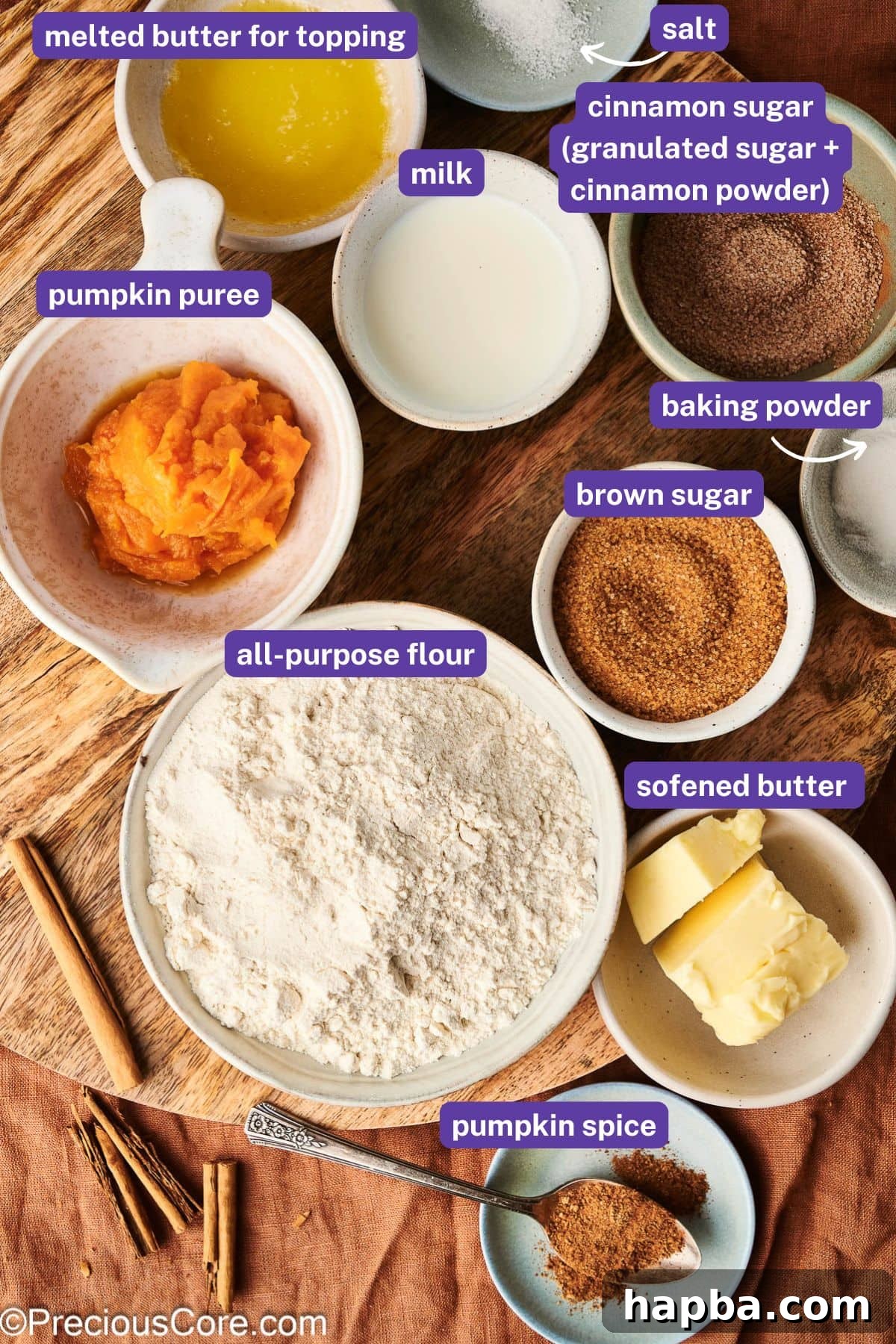 A flat lay photograph showcasing all the individual ingredients for pumpkin spice doughnuts, clearly labeled.