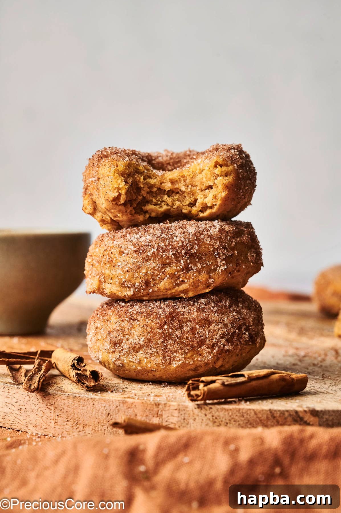 A cinnamon sugar pumpkin doughnut with a bite taken out of it, revealing its moist interior.