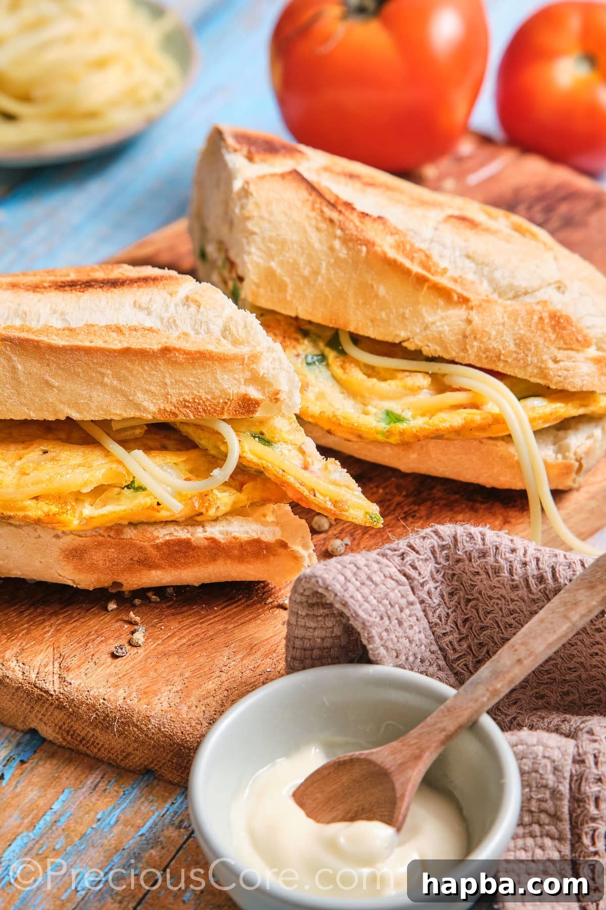A French baguette stuffed with a savory spaghetti omelette, cut in half to reveal its fluffy interior.