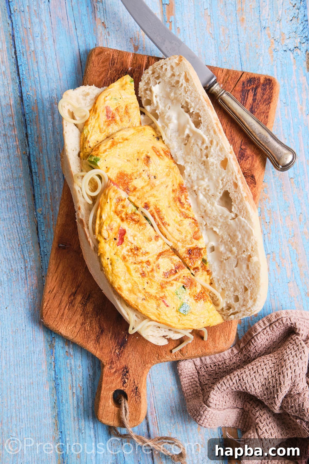 Slices of fluffy spaghetti omelette carefully placed on one side of a sliced baguette, forming the sandwich.