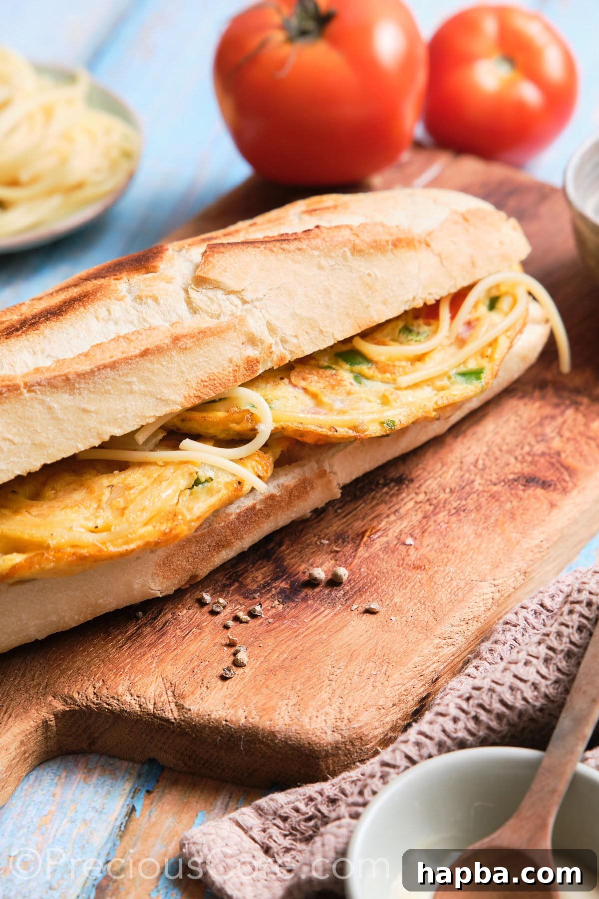 A complete and inviting spaghetti omelette sandwich resting on a wooden cutting board, ready for serving.