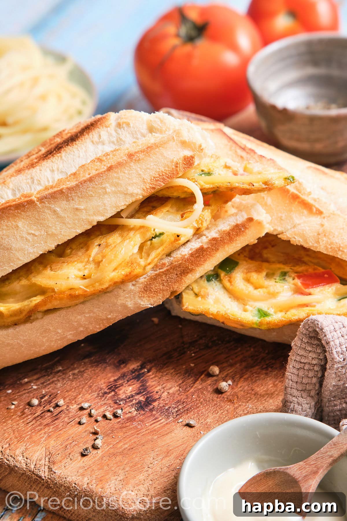 A perfectly prepared spaghetti omelette sandwich, sliced in half to reveal its enticing layers and textures.