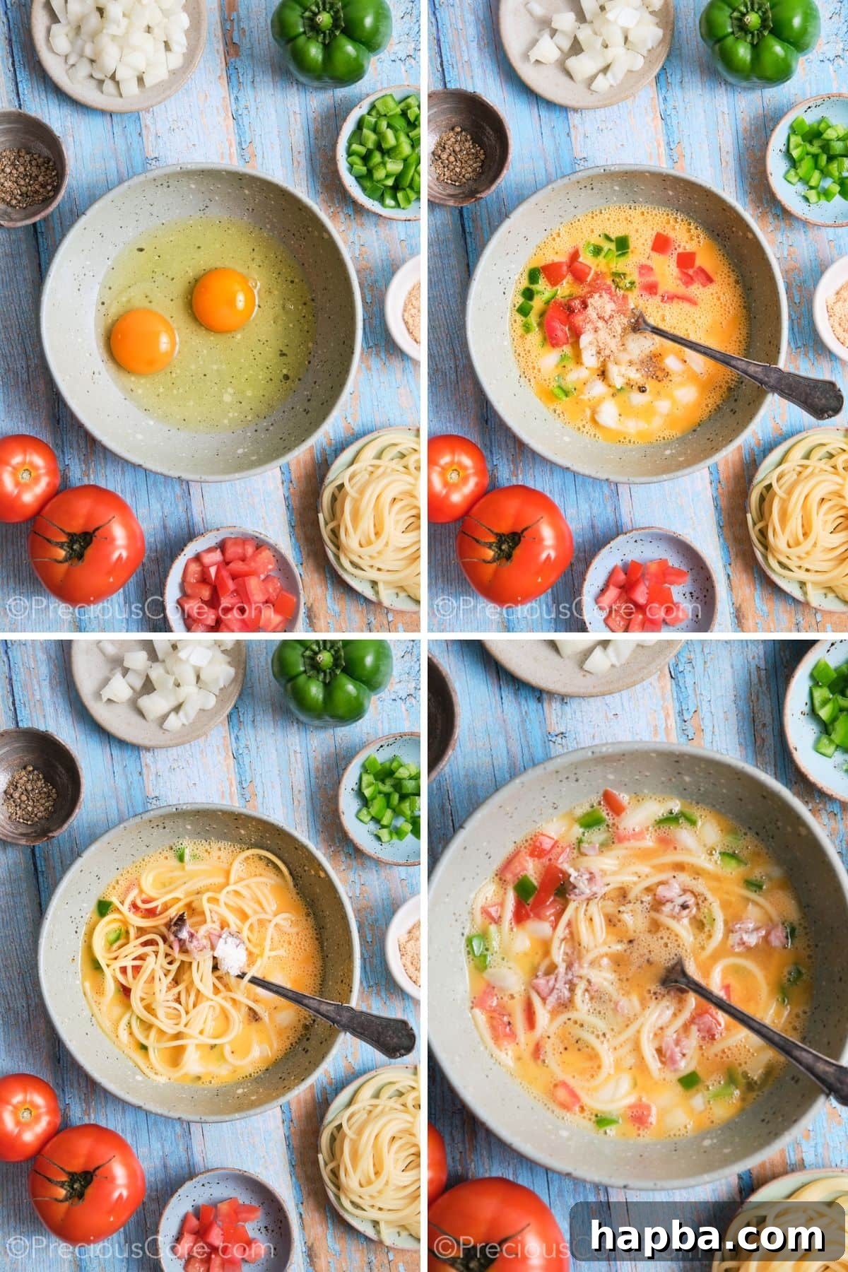 Step-by-step visuals showing the careful assembling of the spaghetti omelette mixture in a bowl.