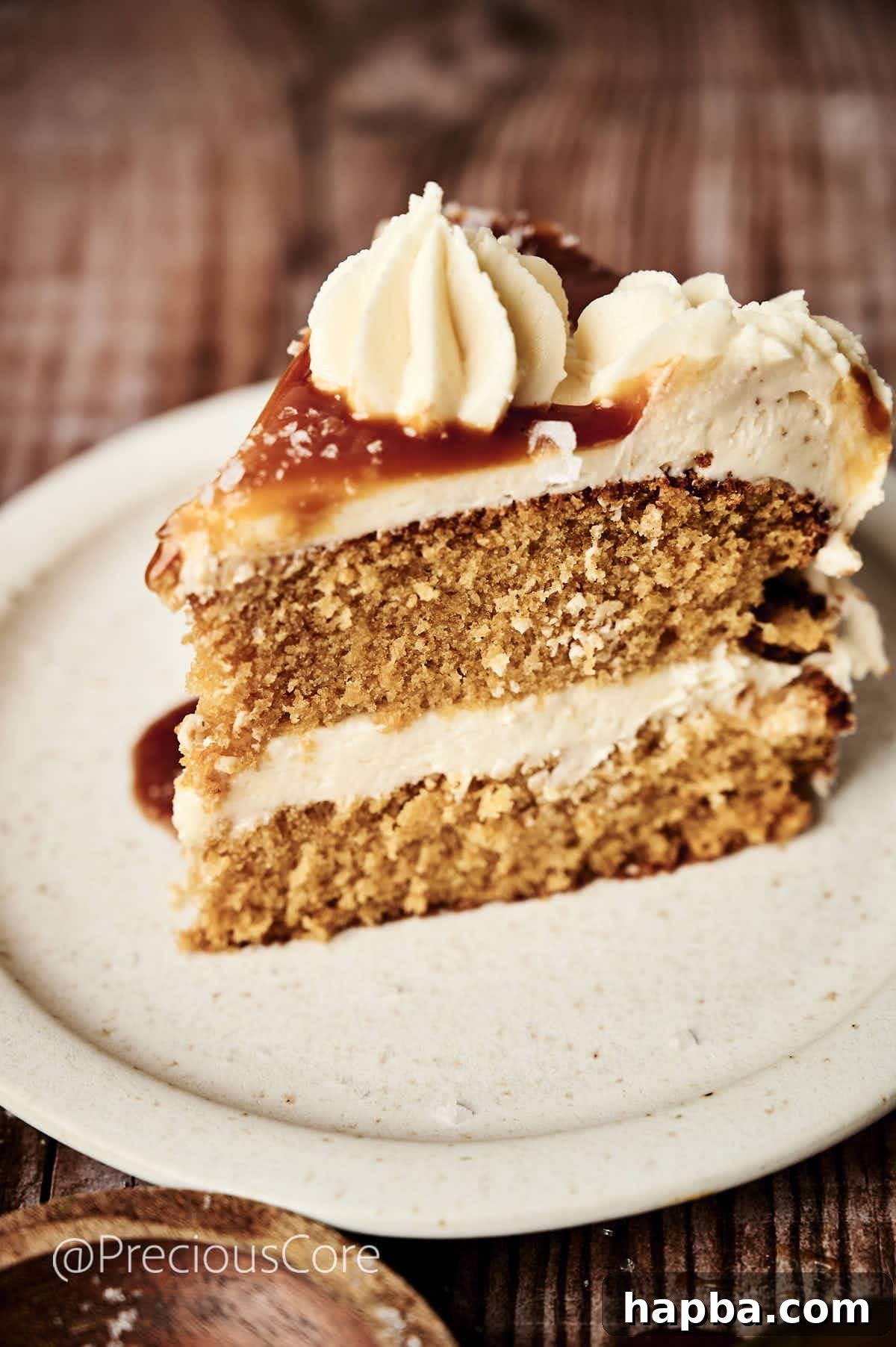 Salted Caramel Dream Cake 2 A beautifully presented slice of salted caramel cake on a plate, showcasing its moist layers and rich frosting.