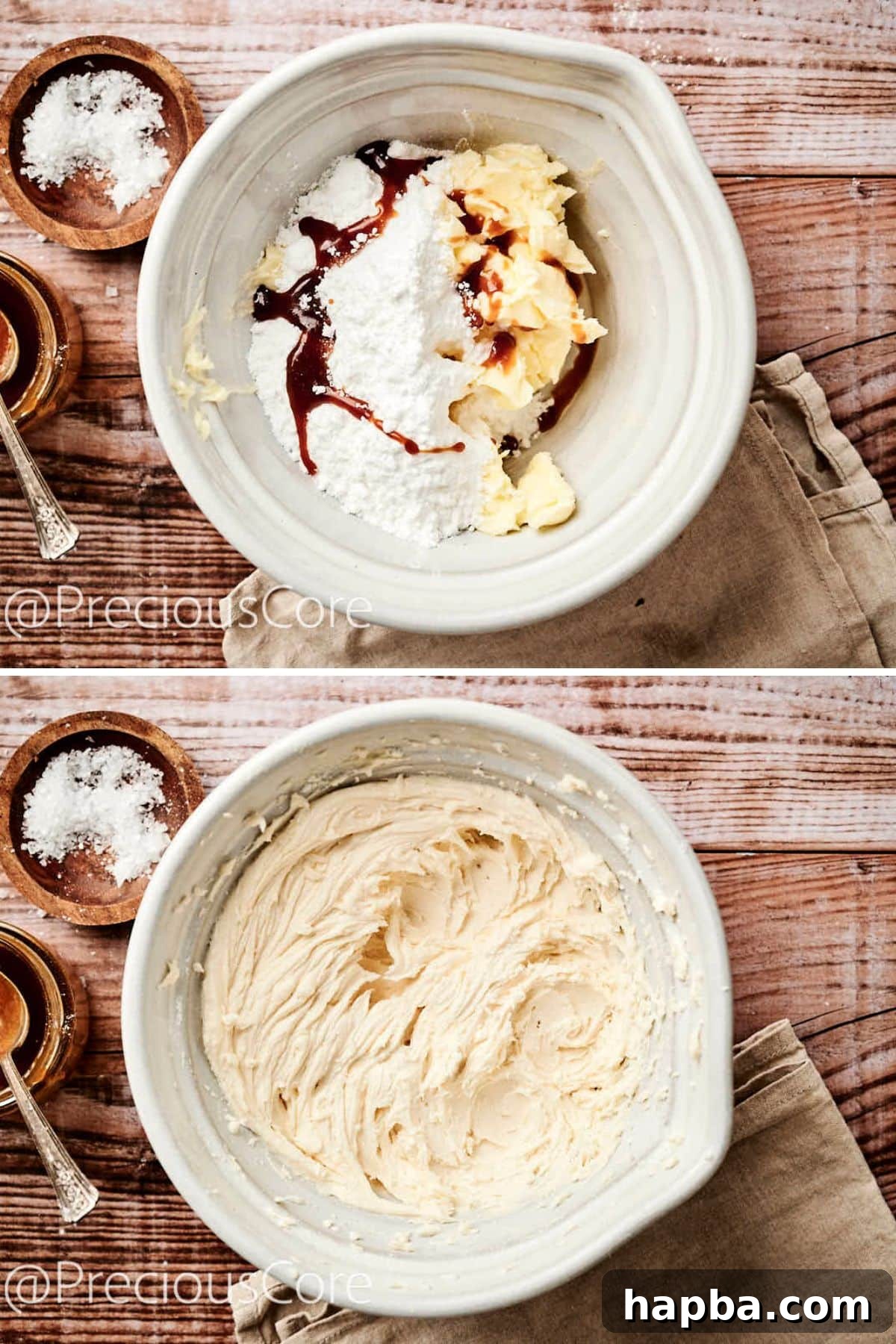 Salted Caramel Dream Cake 12 Ingredients for caramel buttercream being mixed together in a large bowl, achieving a smooth and fluffy consistency.