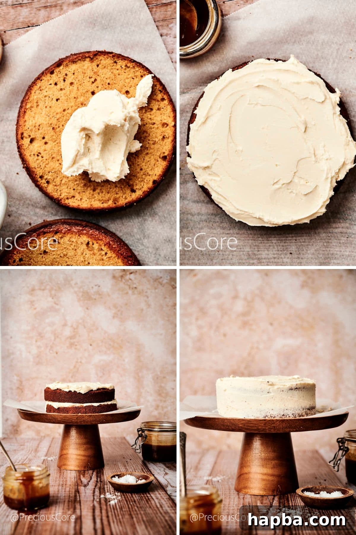 Salted Caramel Dream Cake 13 Layers of salted caramel cake being assembled with frosting in between, creating a beautiful structure.