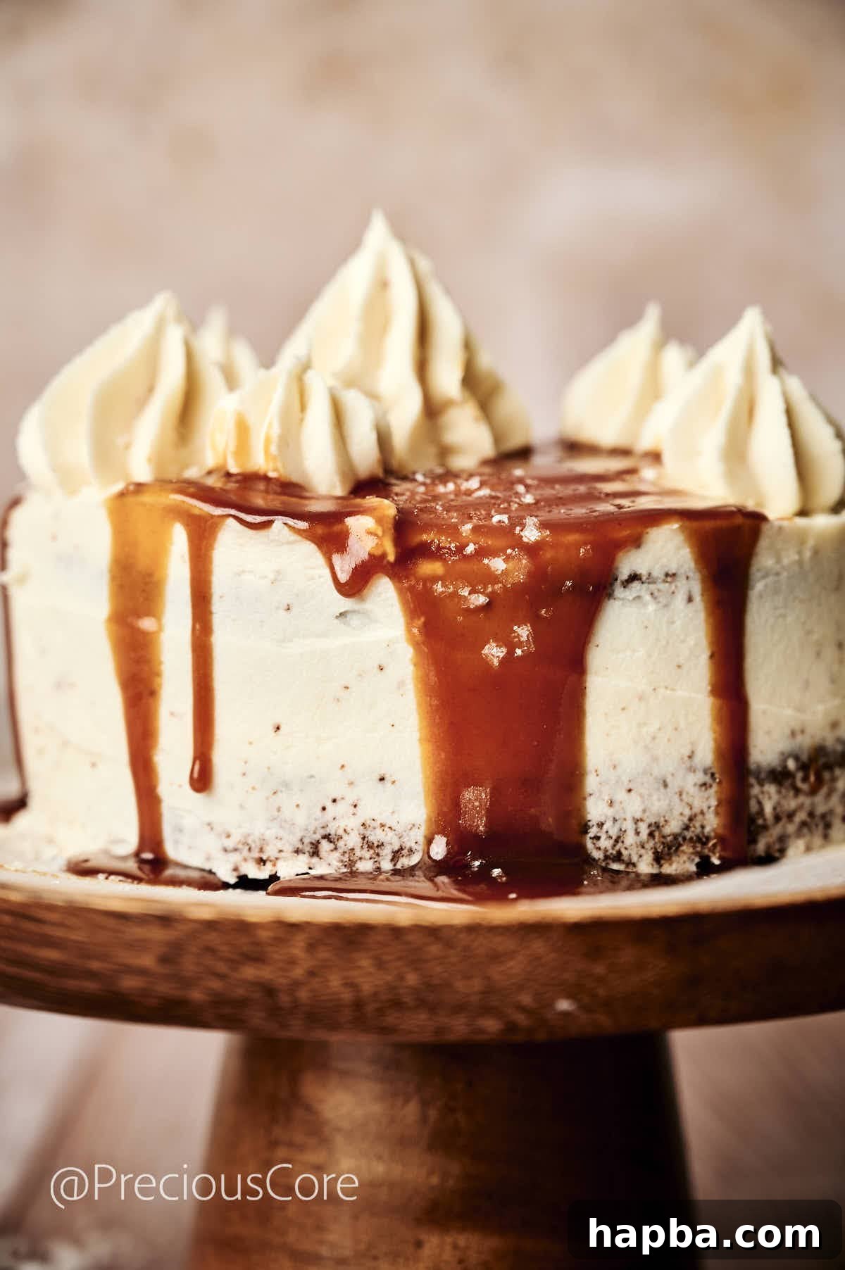 Salted Caramel Dream Cake 3 Salted Caramel Cake on a elegant cake stand with rich caramel dripping gracefully down its frosted sides.