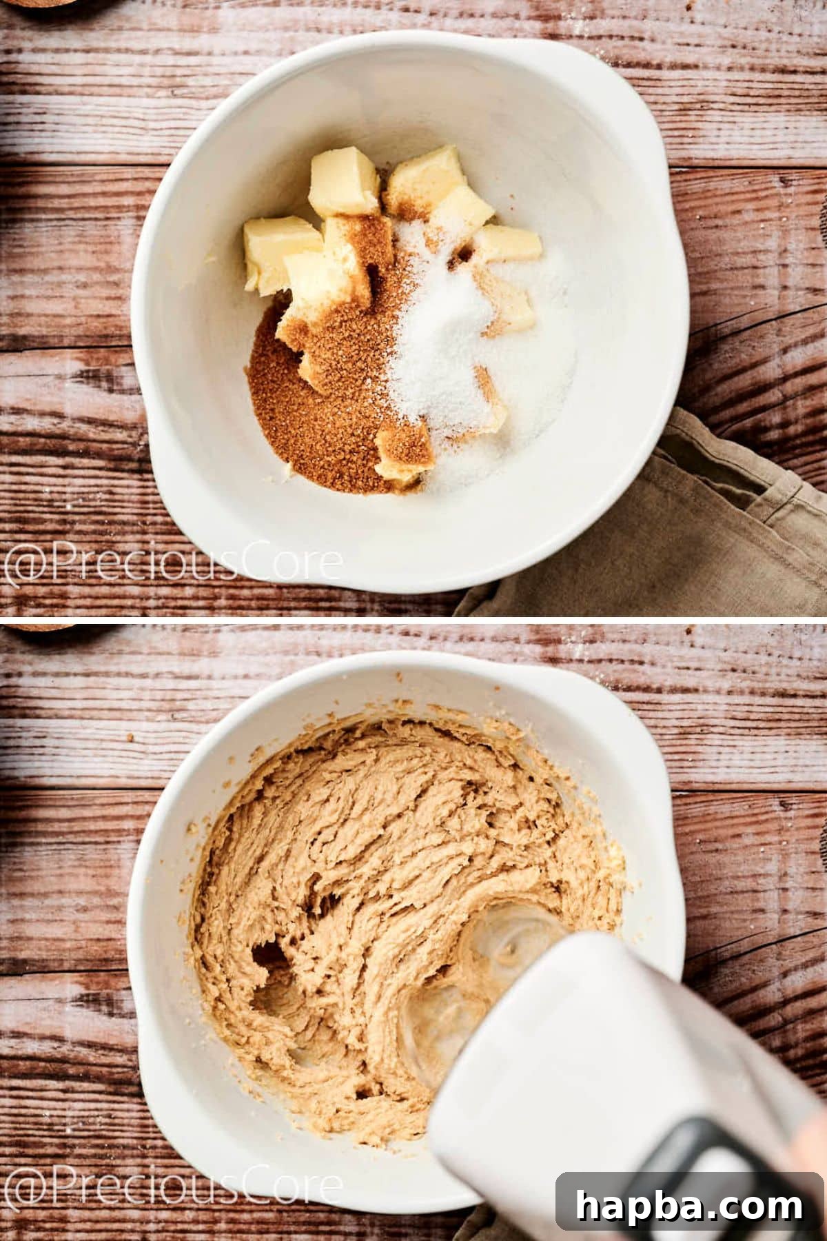 Salted Caramel Dream Cake 7 Butter, sugars, and caramel being creamed together in a mixing bowl until light and fluffy.