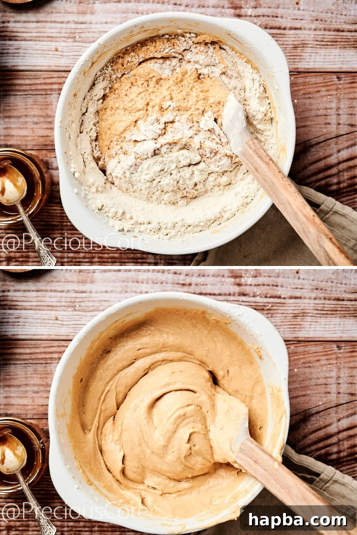 Salted Caramel Dream Cake 9 Flour mixture being gently folded into the wet ingredients with a spatula.