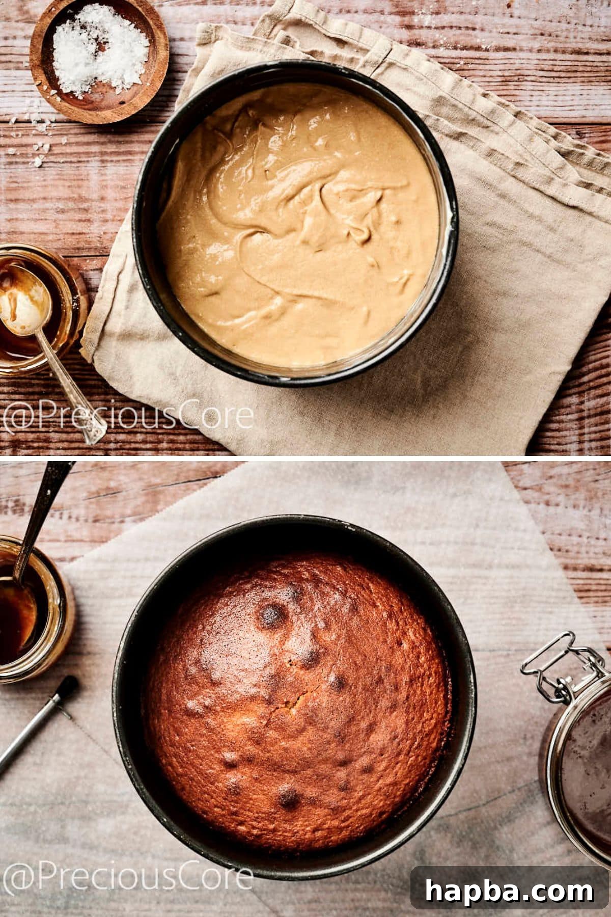 Salted Caramel Dream Cake 10 Cake batter baking in a round cake pan inside an oven, beautifully rising.