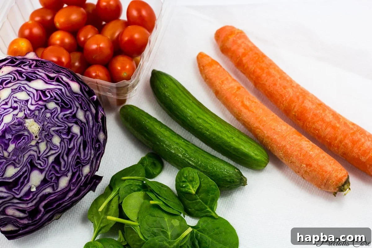Fresh ingredients for spinach and red cabbage salad