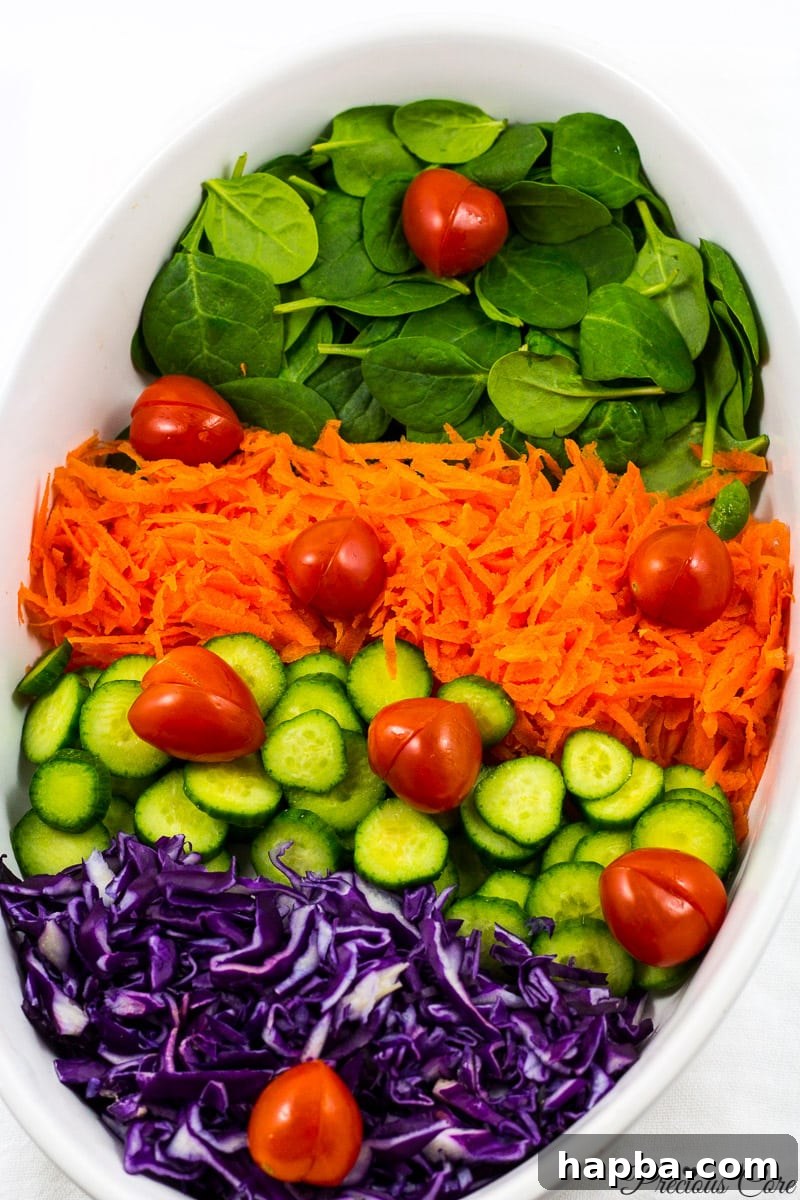 Beautifully arranged spinach and red cabbage salad