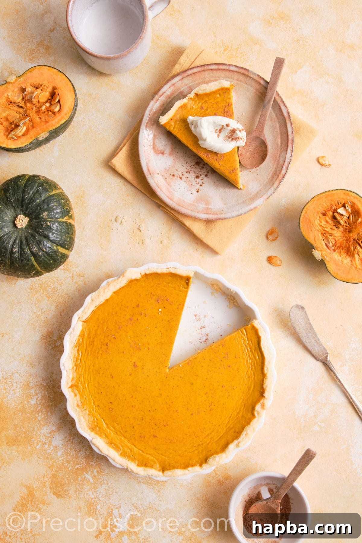 Pumpkin pie no evaporated milk in a white pie dish.