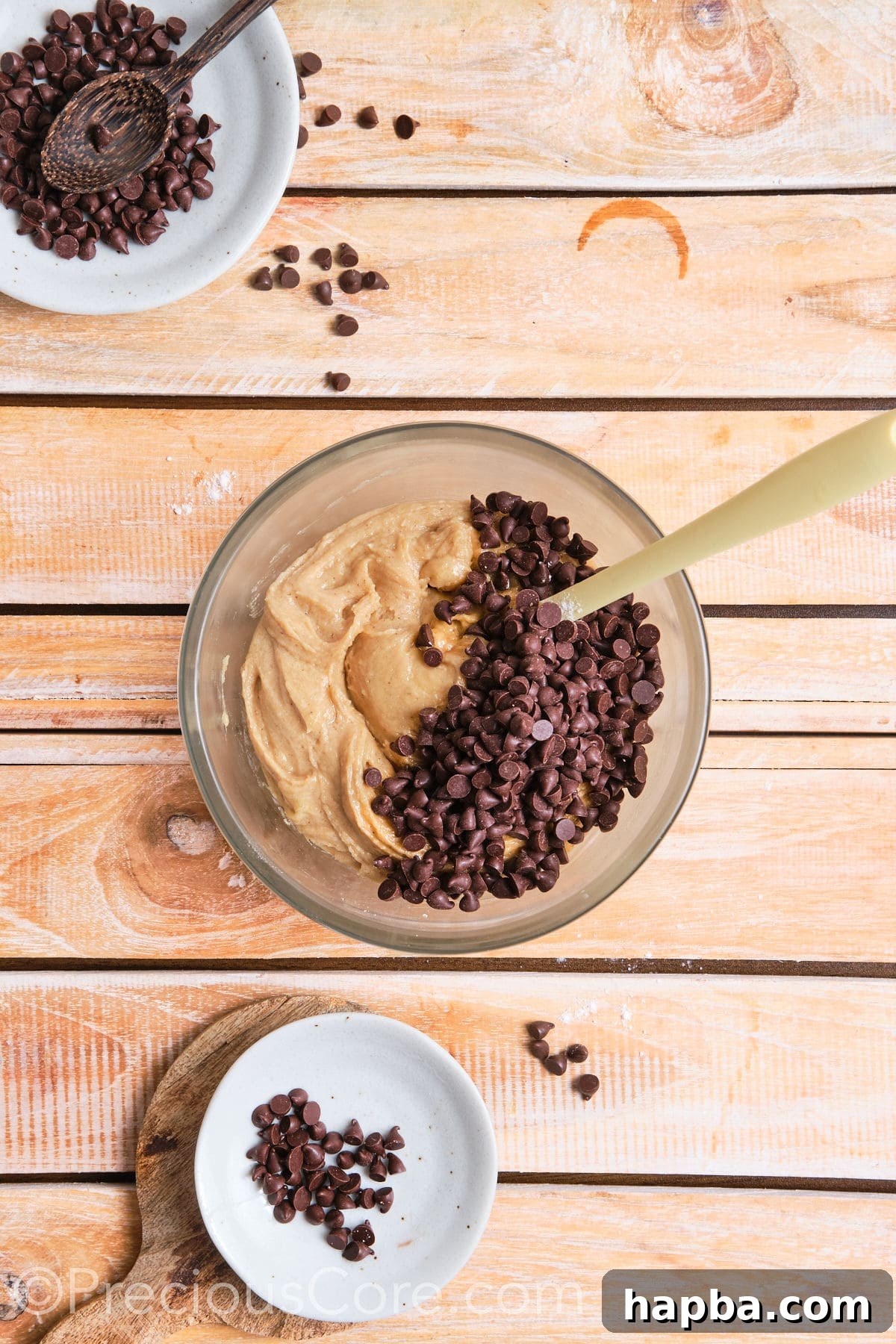 Adding dark chocolate chips to the prepared cookie dough mixture.