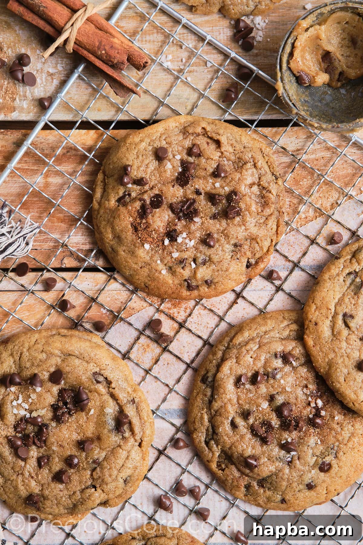 Cinnamon chocolate chip cookies cooling on a wire rack, garnished with flaky sea salt.