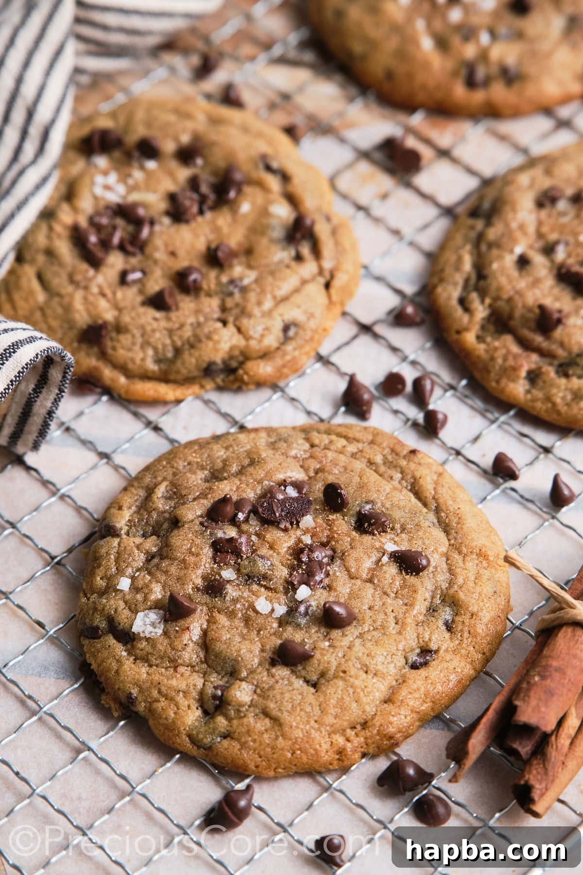 Crispy-edged and chewy chocolate chip cookies, delicately topped with flaky sea salt.