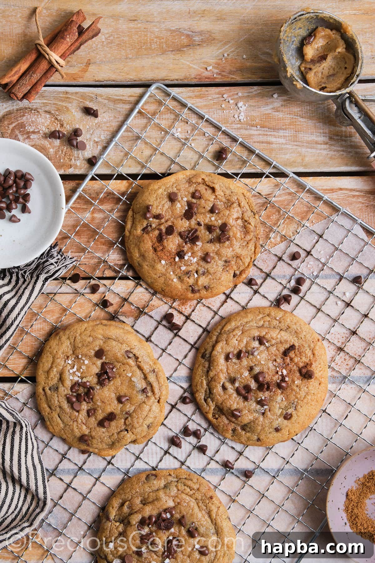 Wire rack showcasing cinnamon and chocolate chip cookies, each adorned with flaky sea salt.