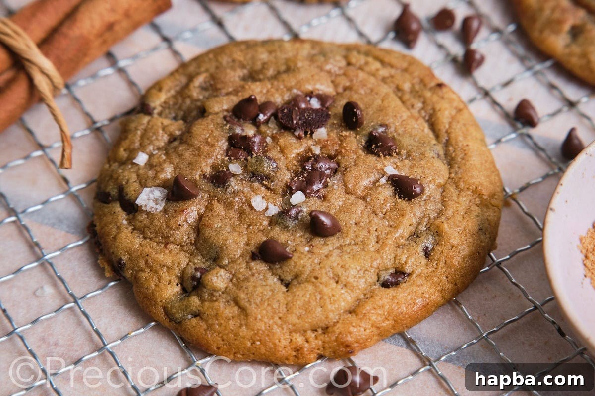 Close up view of a large, freshly baked cinnamon chocolate chip cookie, garnished with chocolate chips and sea salt.
