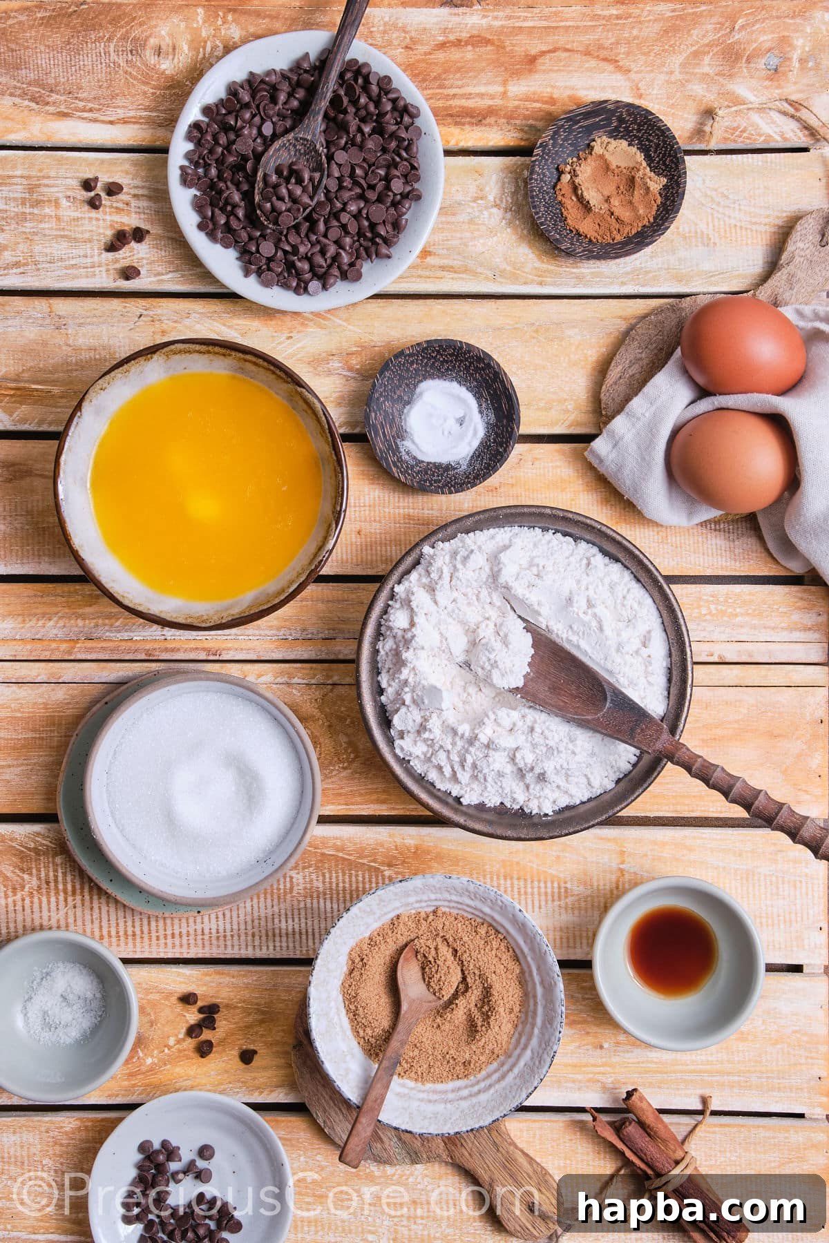 Arrangement of ingredients including flour, sugars, butter, egg, vanilla, cinnamon, and chocolate chips for cookie recipe.