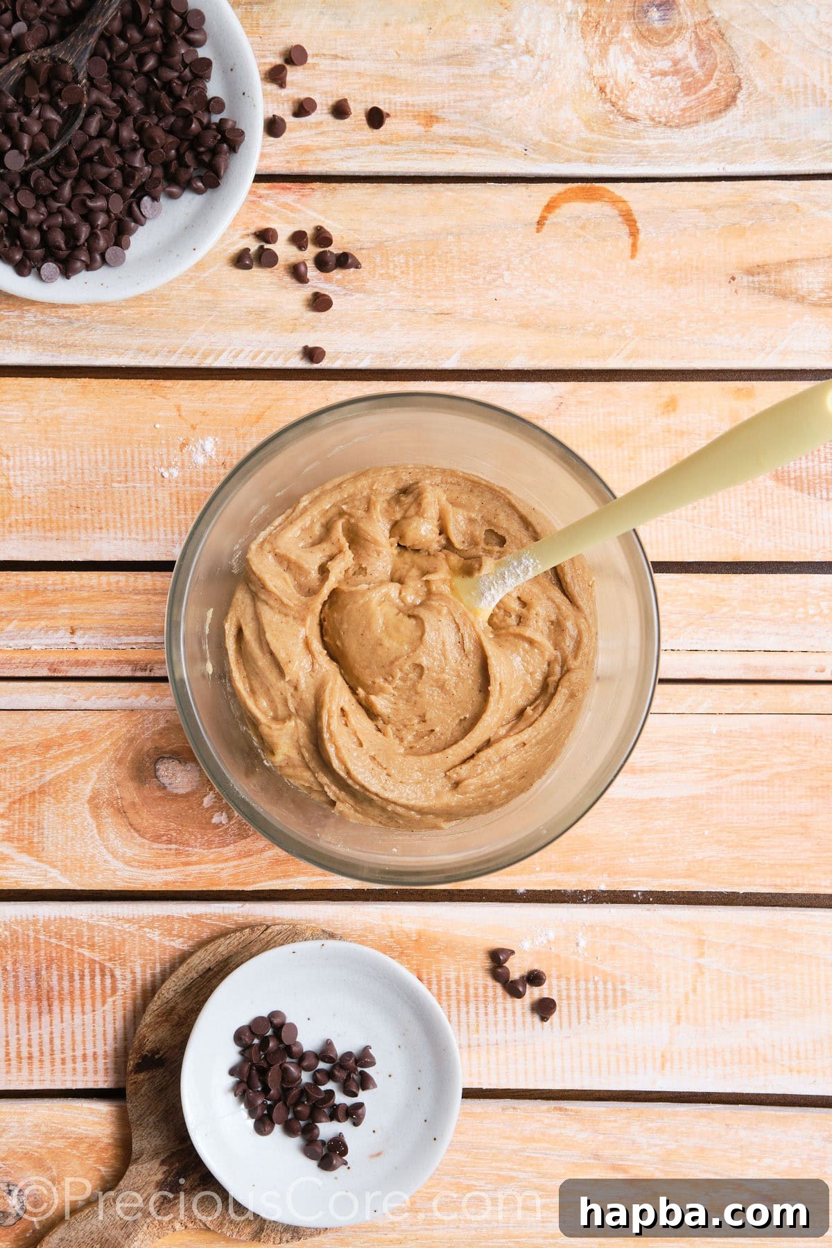 Combining the wet and dry ingredients in a mixing bowl to form cookie dough.