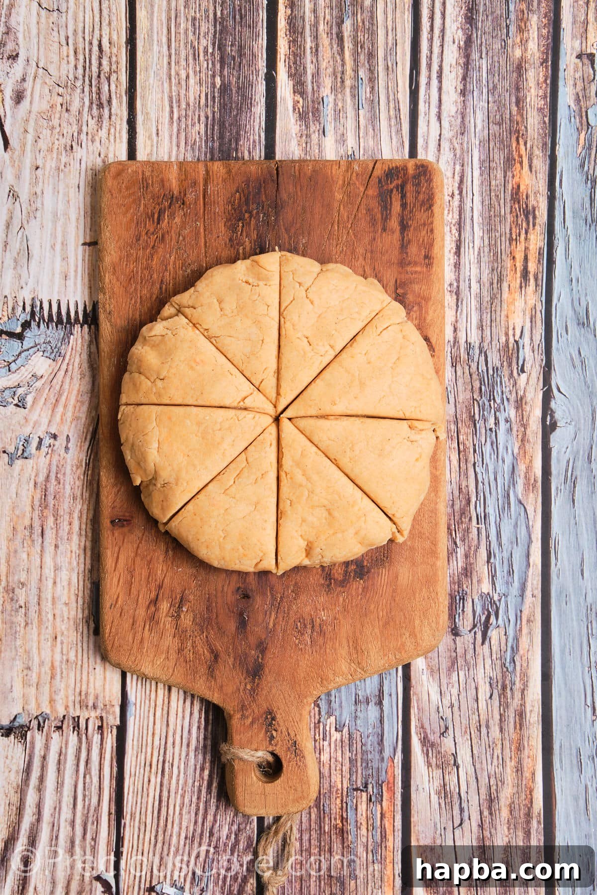 Golden Sweet Potato Scones 13 Round shaped sweet potato scone dough, neatly cut into 8 wedges on a floured surface.