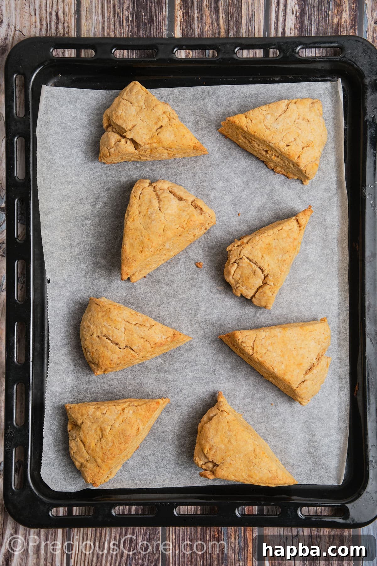 Golden Sweet Potato Scones 16 Freshly baked sweet potato scones, golden brown and puffed up, cooling on a baking sheet.