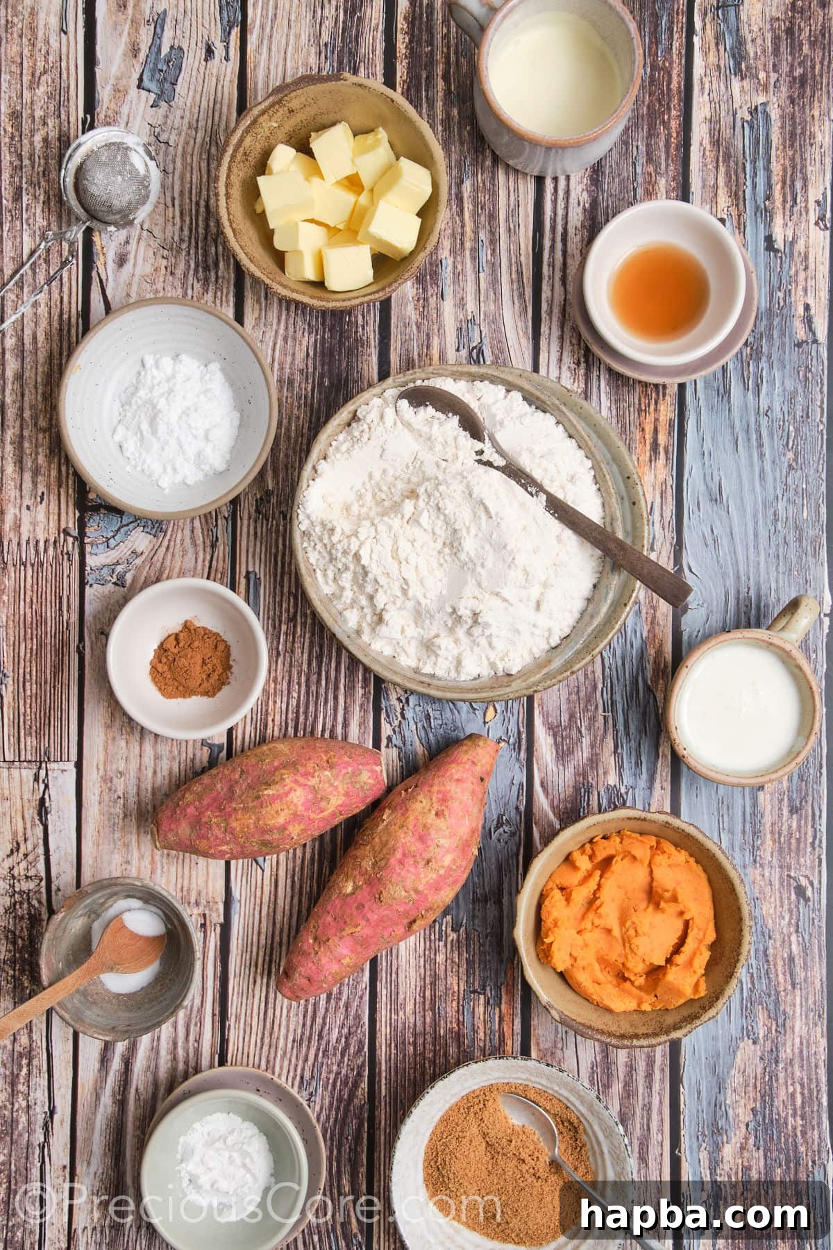 Golden Sweet Potato Scones 6 A flat lay photograph displaying all the fresh ingredients needed to bake sweet potato scones, neatly arranged on a counter.