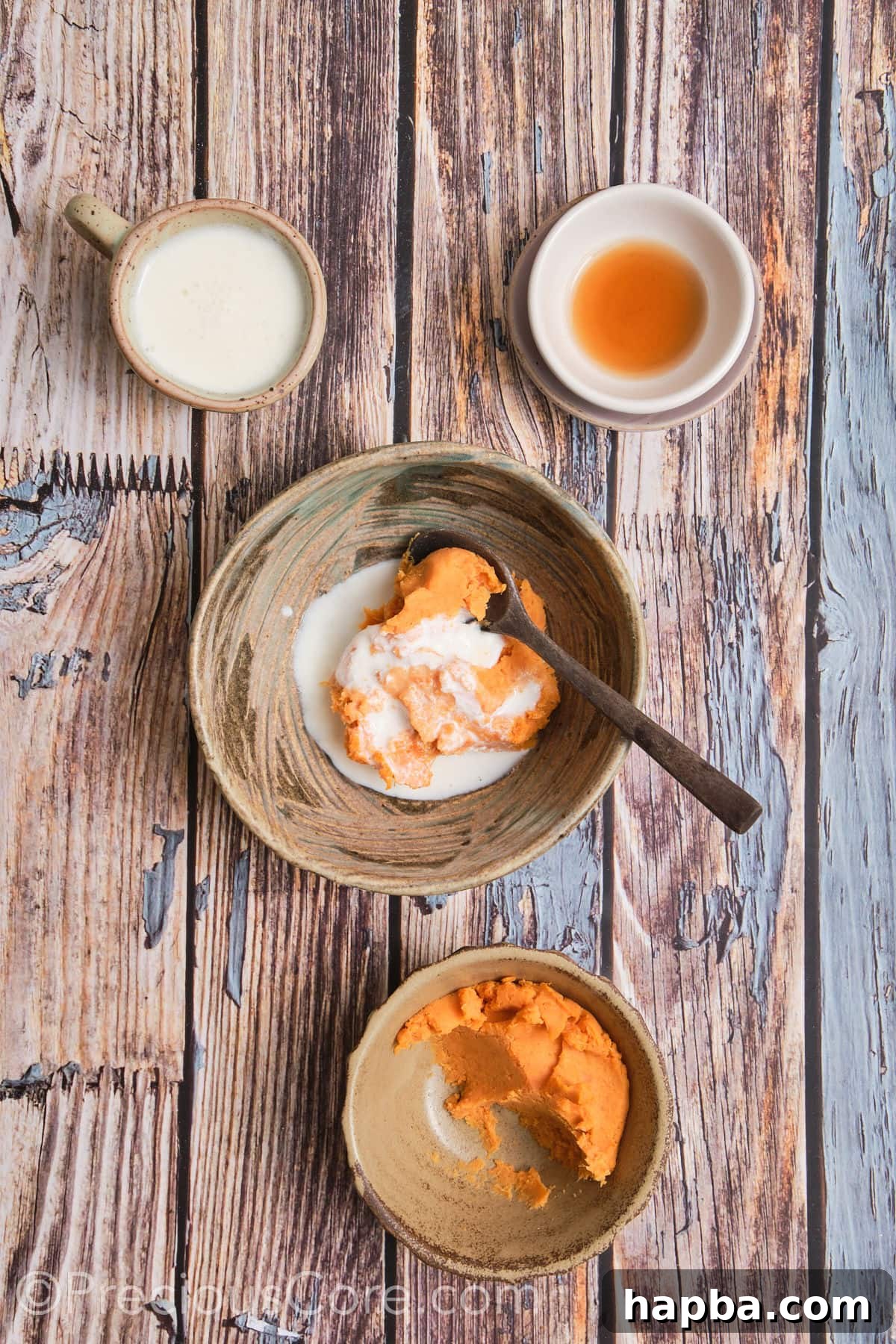 Golden Sweet Potato Scones 10 A small bowl showing the wet ingredients — mashed sweet potato, buttermilk, and vanilla extract — being whisked together until smooth.