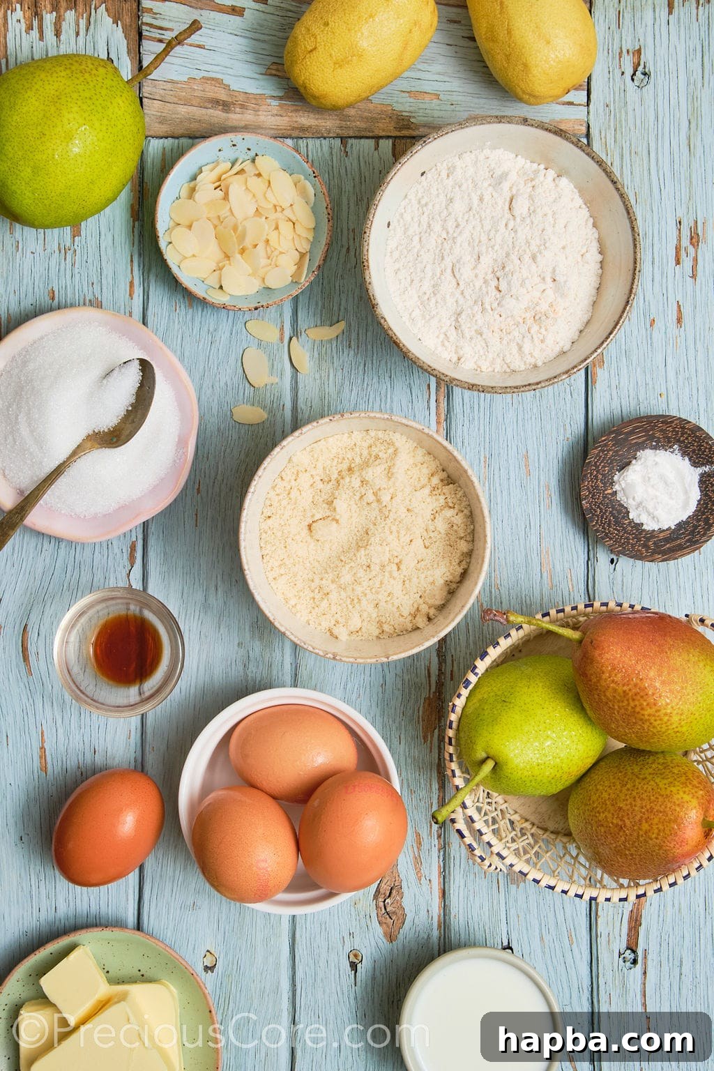ingredients for the pear almond cake recipe. 