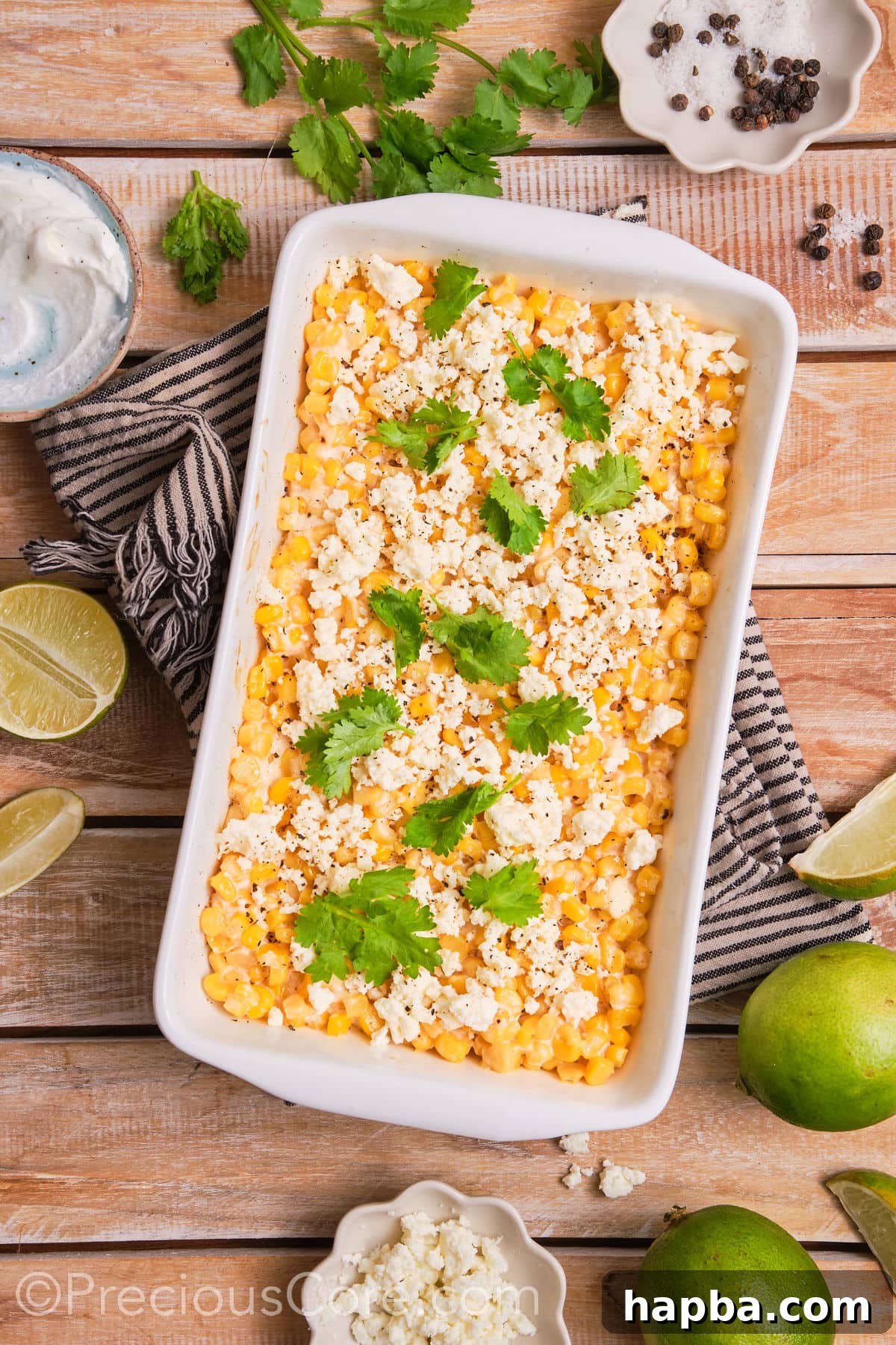Creamy Elote Bake 8 Baked Mexican street corn casserole beautifully garnished with fresh cilantro and served.