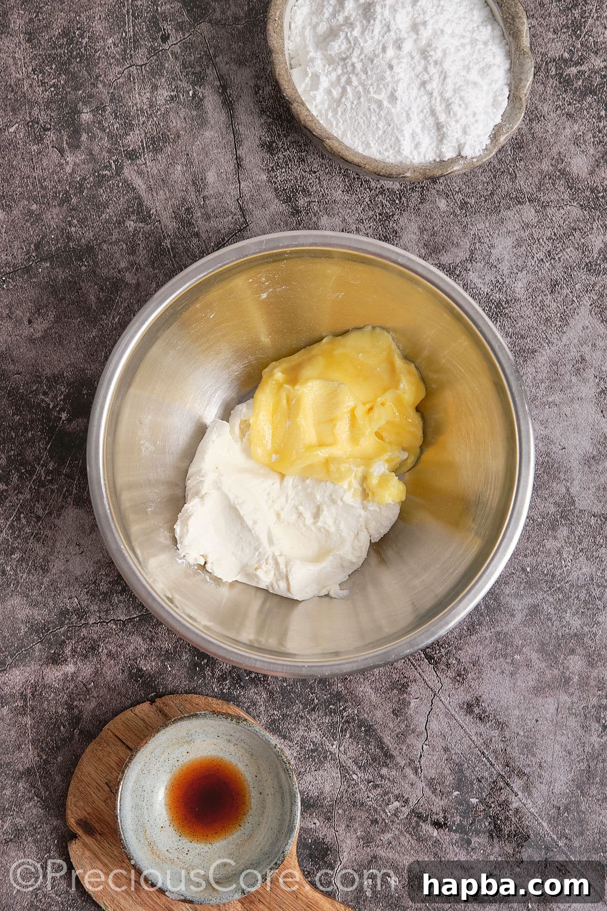 Decadent Butter Pecan Pound Cake 14 Cream cheese and butter in a mixing bowl, ready to be beaten for the frosting.