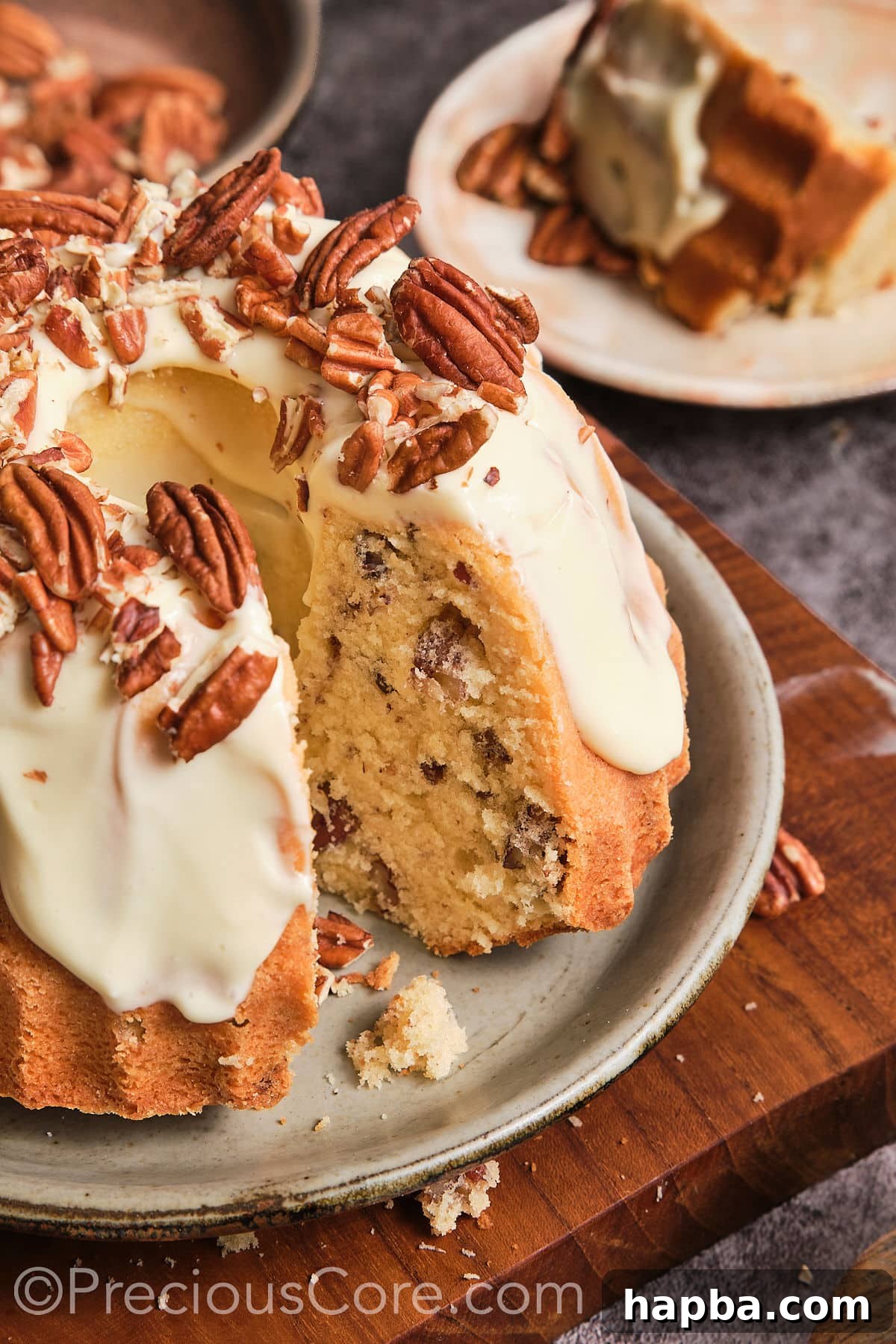Decadent Butter Pecan Pound Cake 18 Close-up detailed image of the moist Butter Pecan Pound Cake, showing its texture and frosting.
