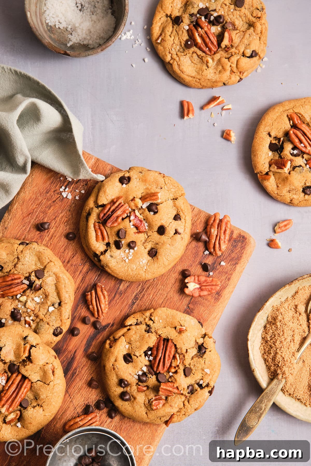 Cooled butter pecan cookies on a chopping board.