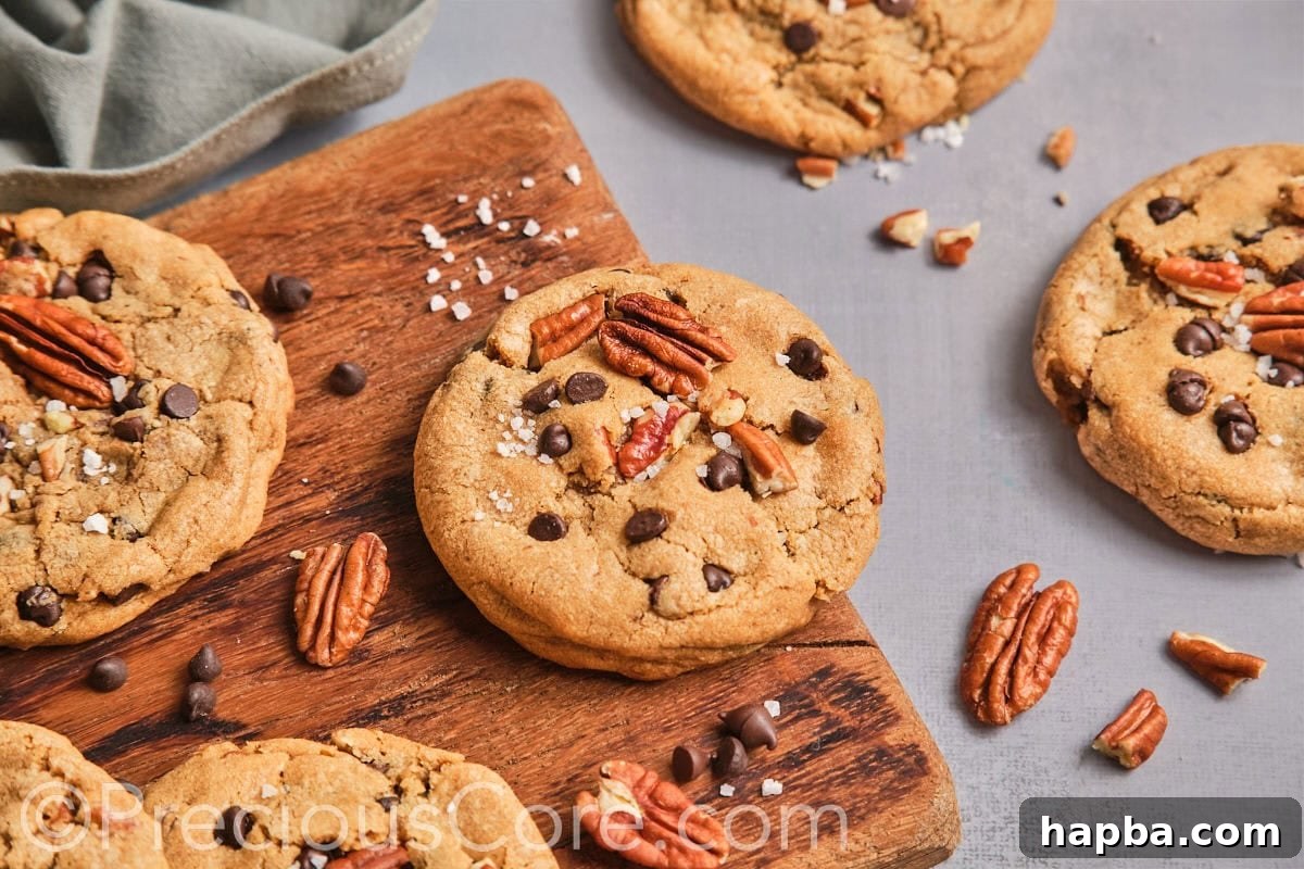 Pecan brown butter cookies topped with chocolate chips on a chopping board. 