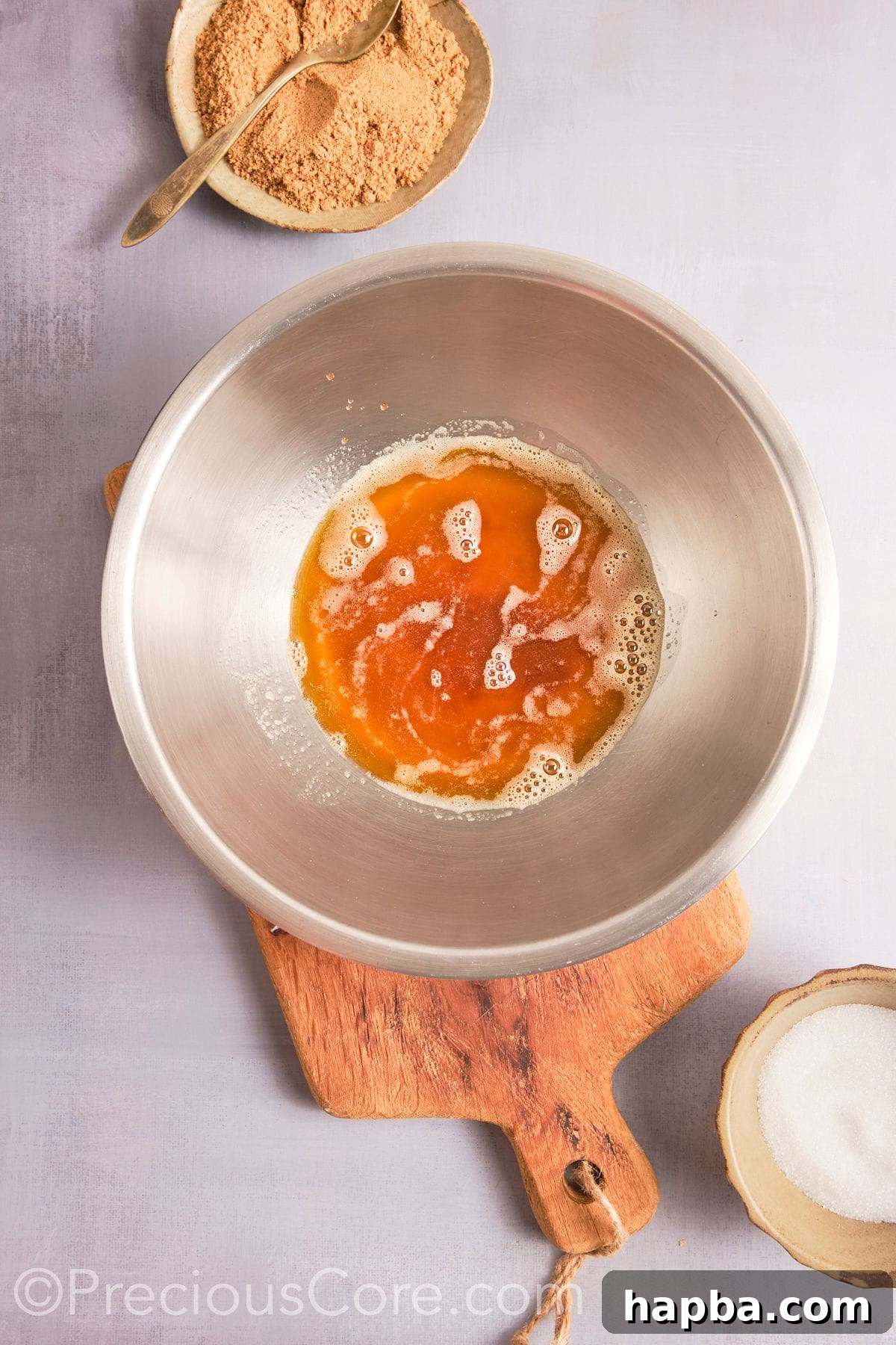 Brown butter in a large bowl, cooling down. 