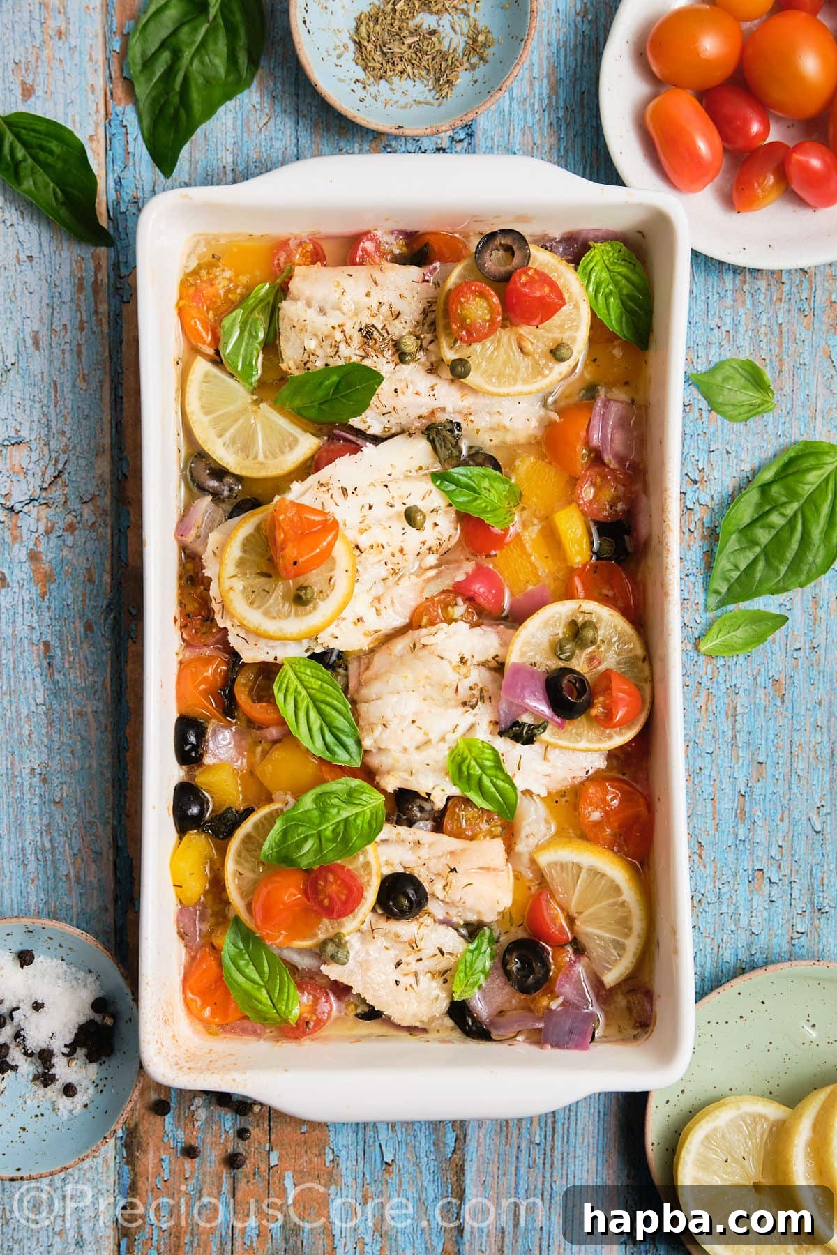 A wide shot of Mediterranean baked fish with a vibrant array of vegetables still in the pan, ready for a family dinner.