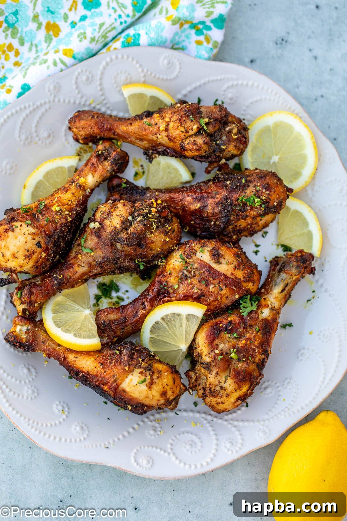Golden Lemon Pepper Drumsticks 12 Cooked lemon pepper chicken drumsticks garnished with fresh parsley and lemon slices on a serving plate.