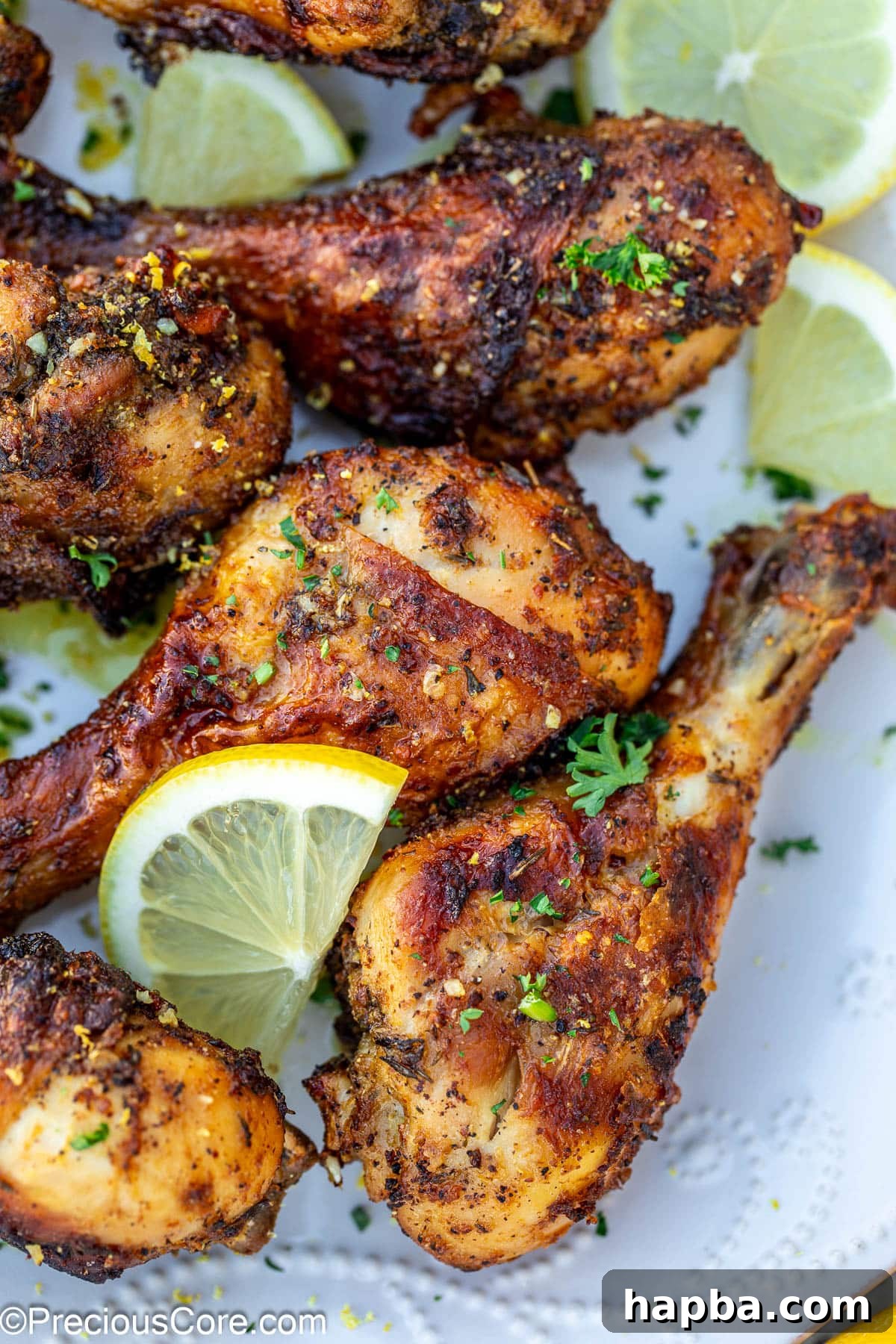 Golden Lemon Pepper Drumsticks 3 Crispy baked lemon pepper drumsticks on a white plate with fresh lemon slices and herbs.