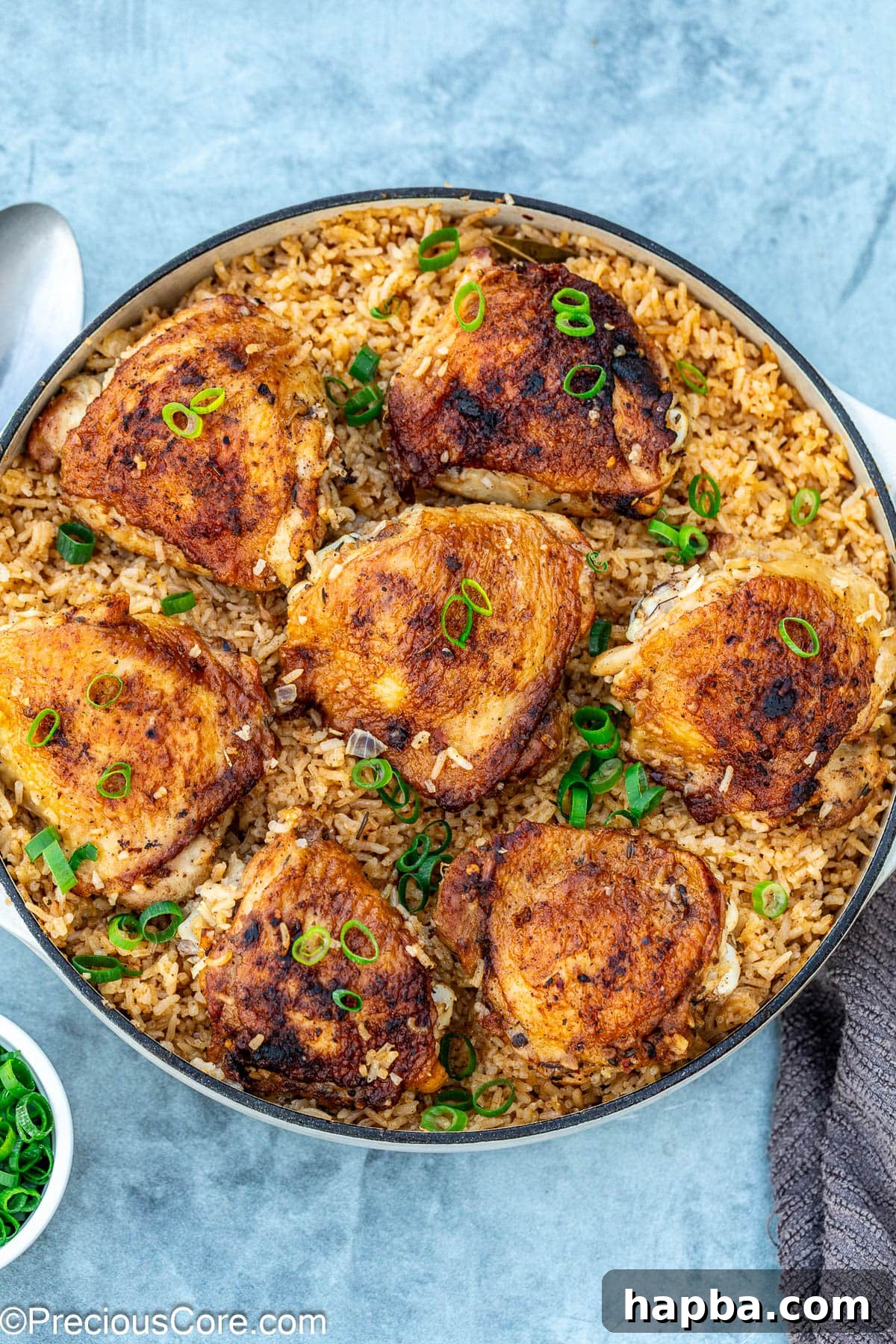 One pot chicken thighs and rice topped with chopped green onions.
