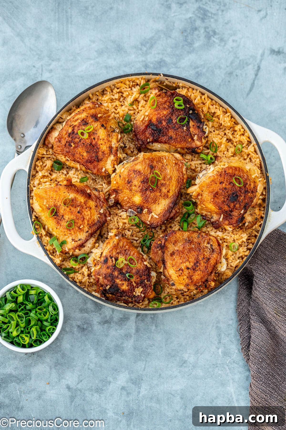 cooked chicken thighs and rice, garnished with chopped green onions.
