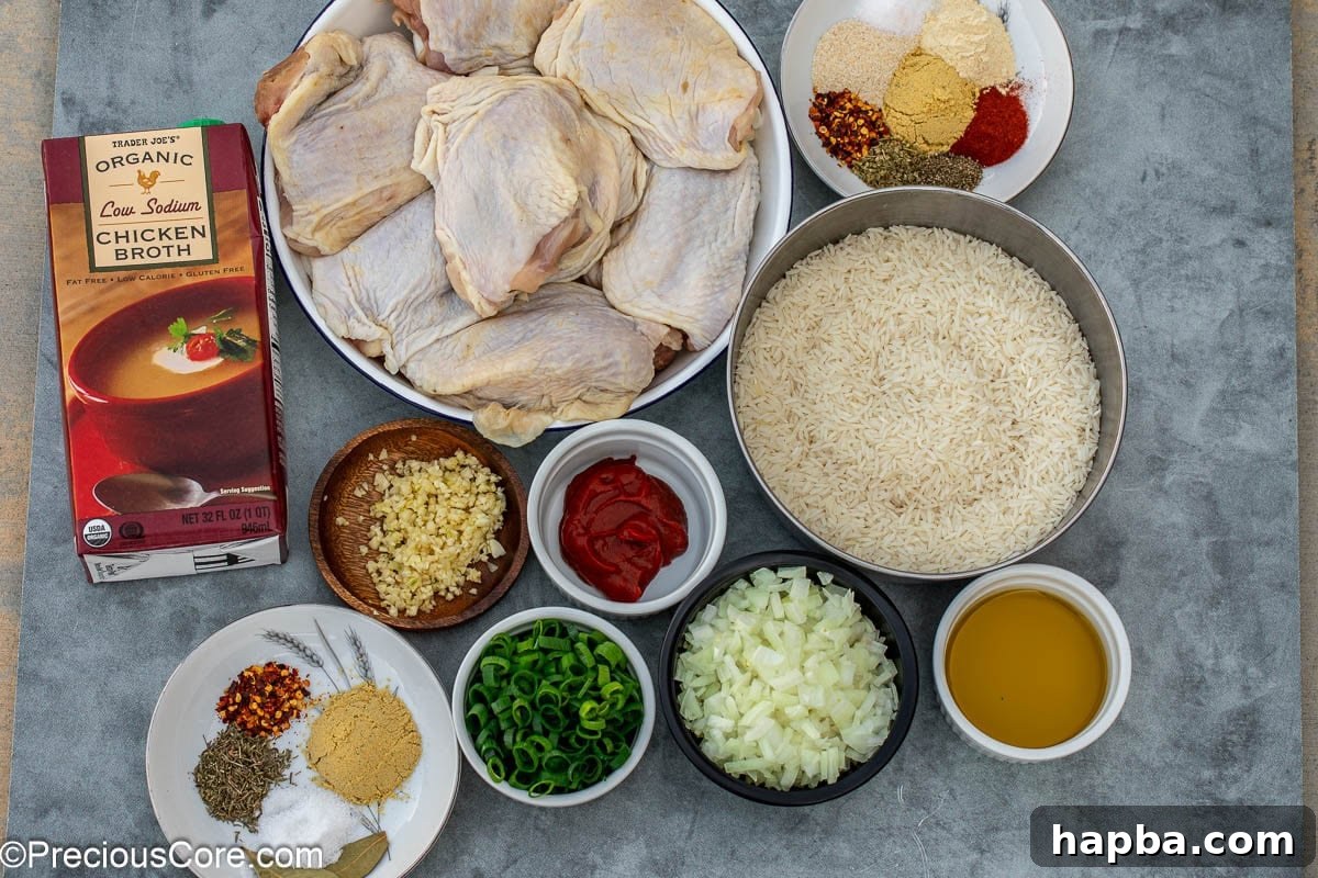 ingredients for the one pot chicken thighs and rice recipe.