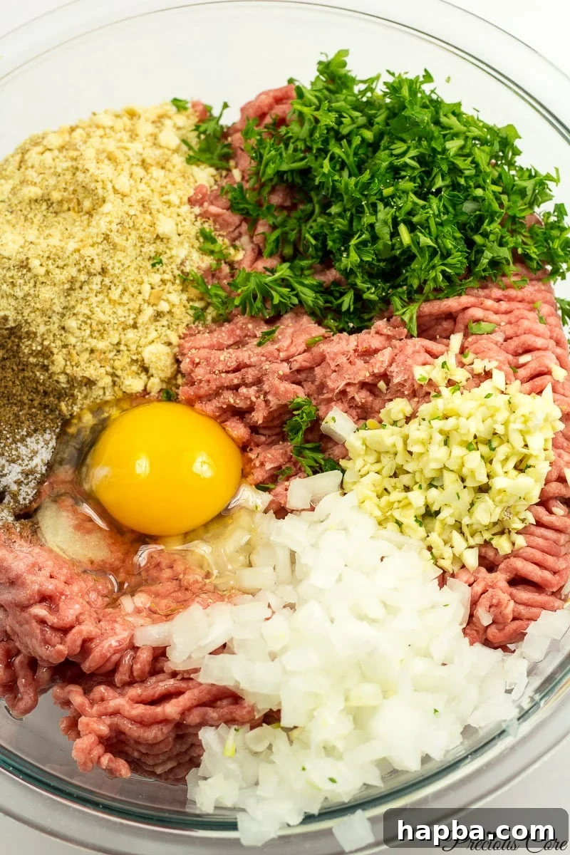African Spiced Meatballs 4 Ground beef and chopped ingredients for meatballs in a large mixing bowl.