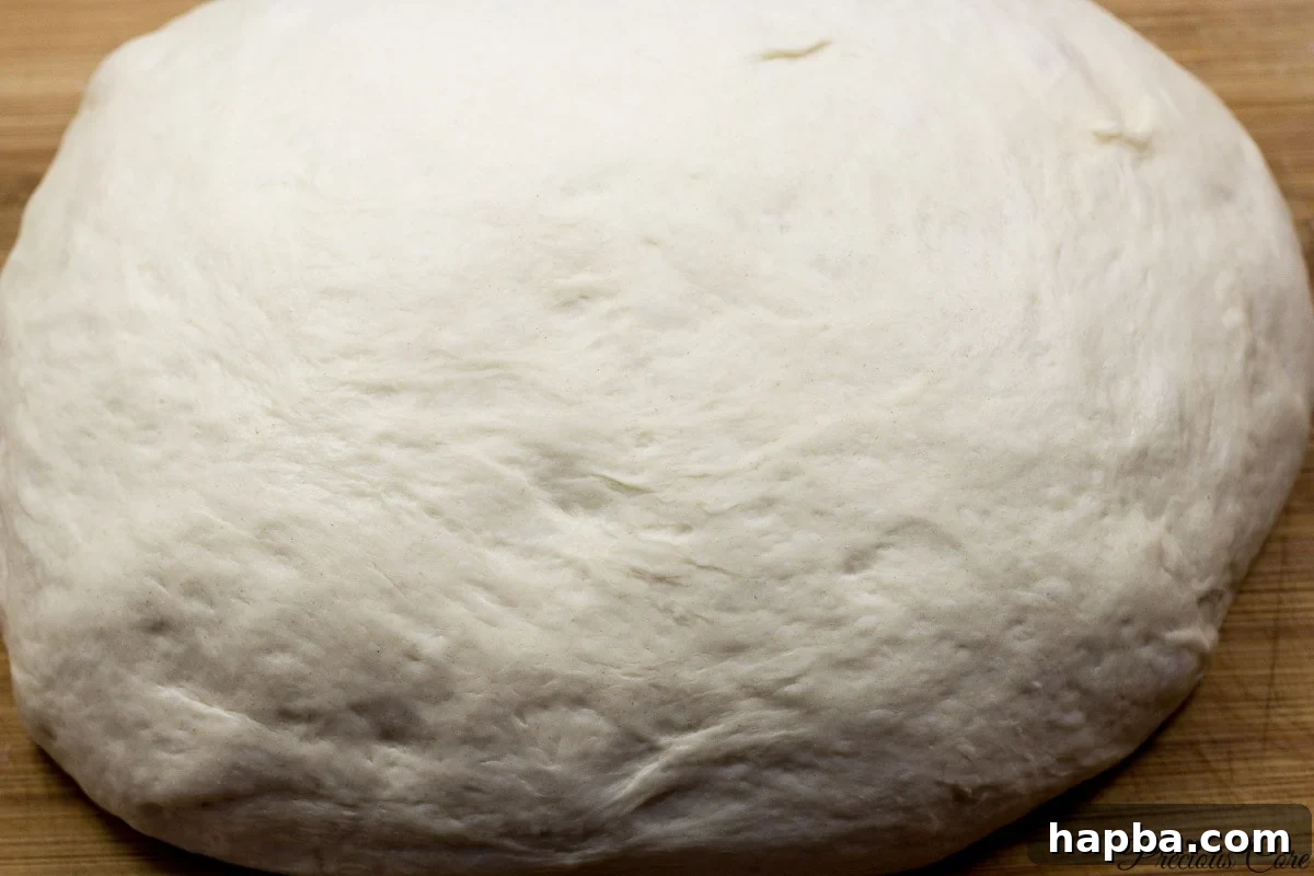 French bread dough shaped into a ball on a floured surface, ready for division