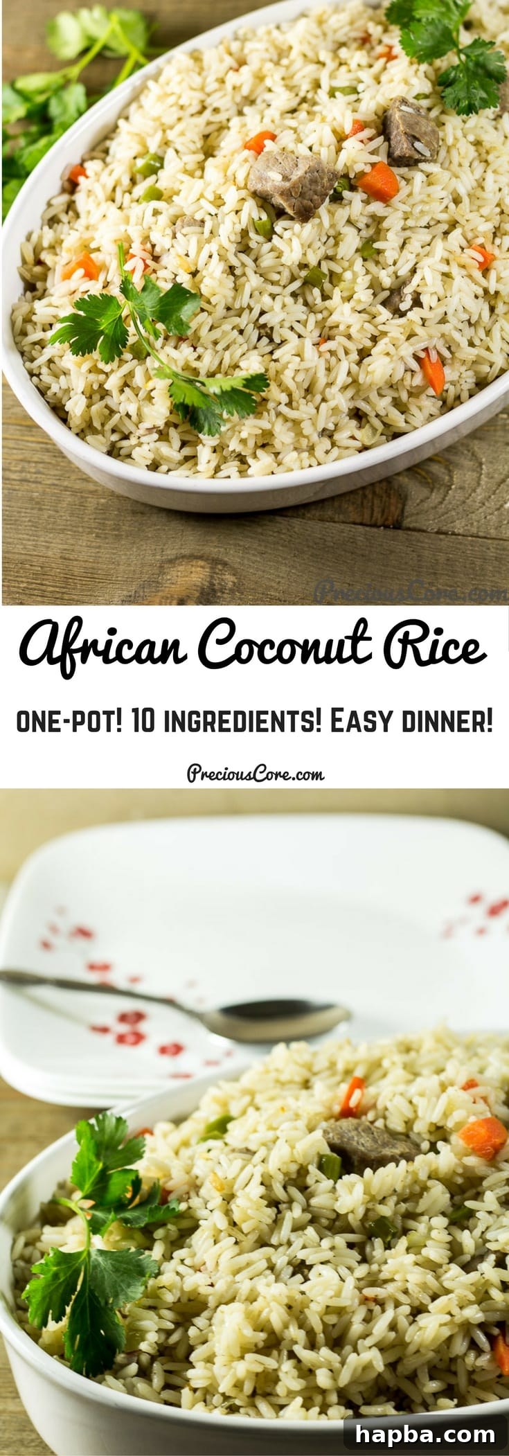 Collage with text "African Coconut Rice One-Pot! 10 Ingredients! Easy Dinner!" highlighting the simplicity and deliciousness of the dish.