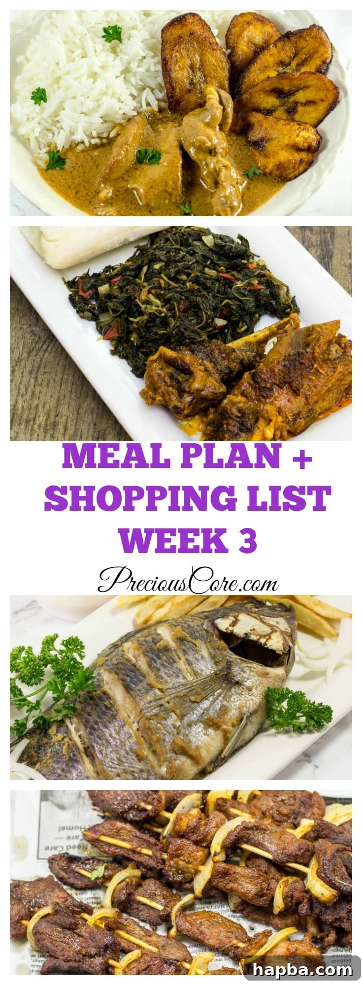 West African inspired weekly meal plan, featuring images of Fufu, Koki beans, Groundnut soup, Grilled fish, and Suya with a shopping list.