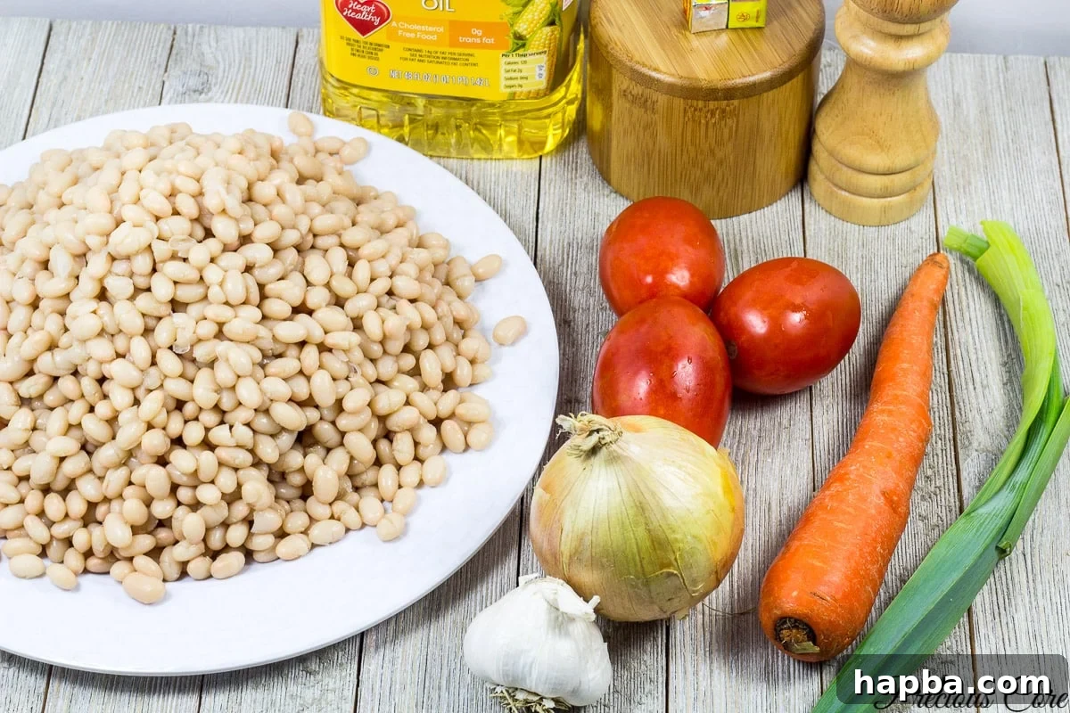 Wholesome White Bean Pot 3 Fresh ingredients laid out for making delicious white bean stew.