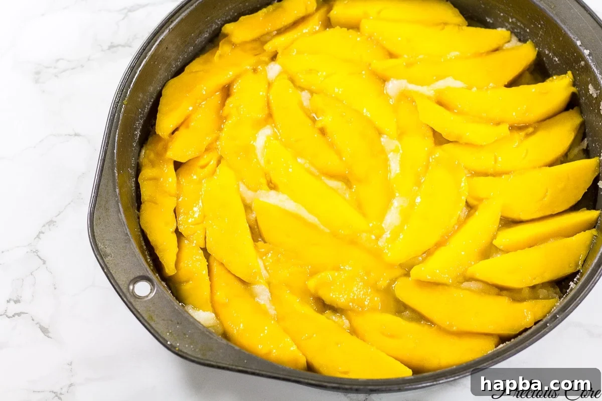 Tropical Mango Delight Cake 5 Melted butter and sugar mixture covers the bottom of a round cake pan, ready for mango slices.