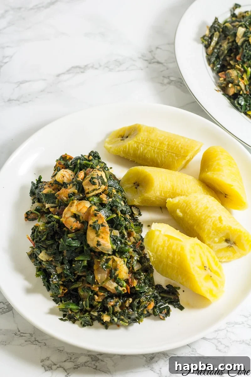 Vibrant African Spinach Stew with Chicken and Shrimp ready to be served
